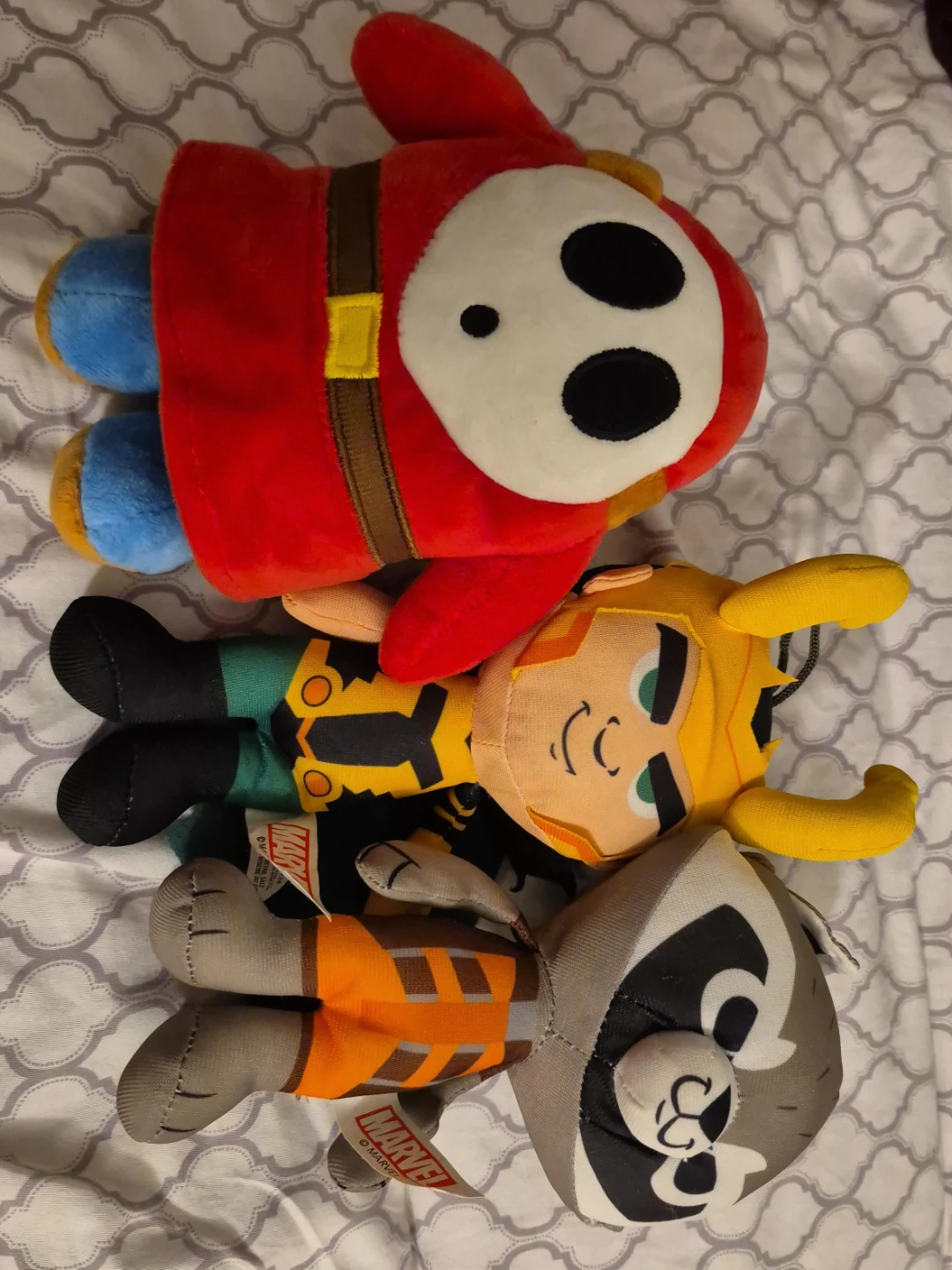Shy Guy, Loki, and Rocket Raccoon Plush Toys