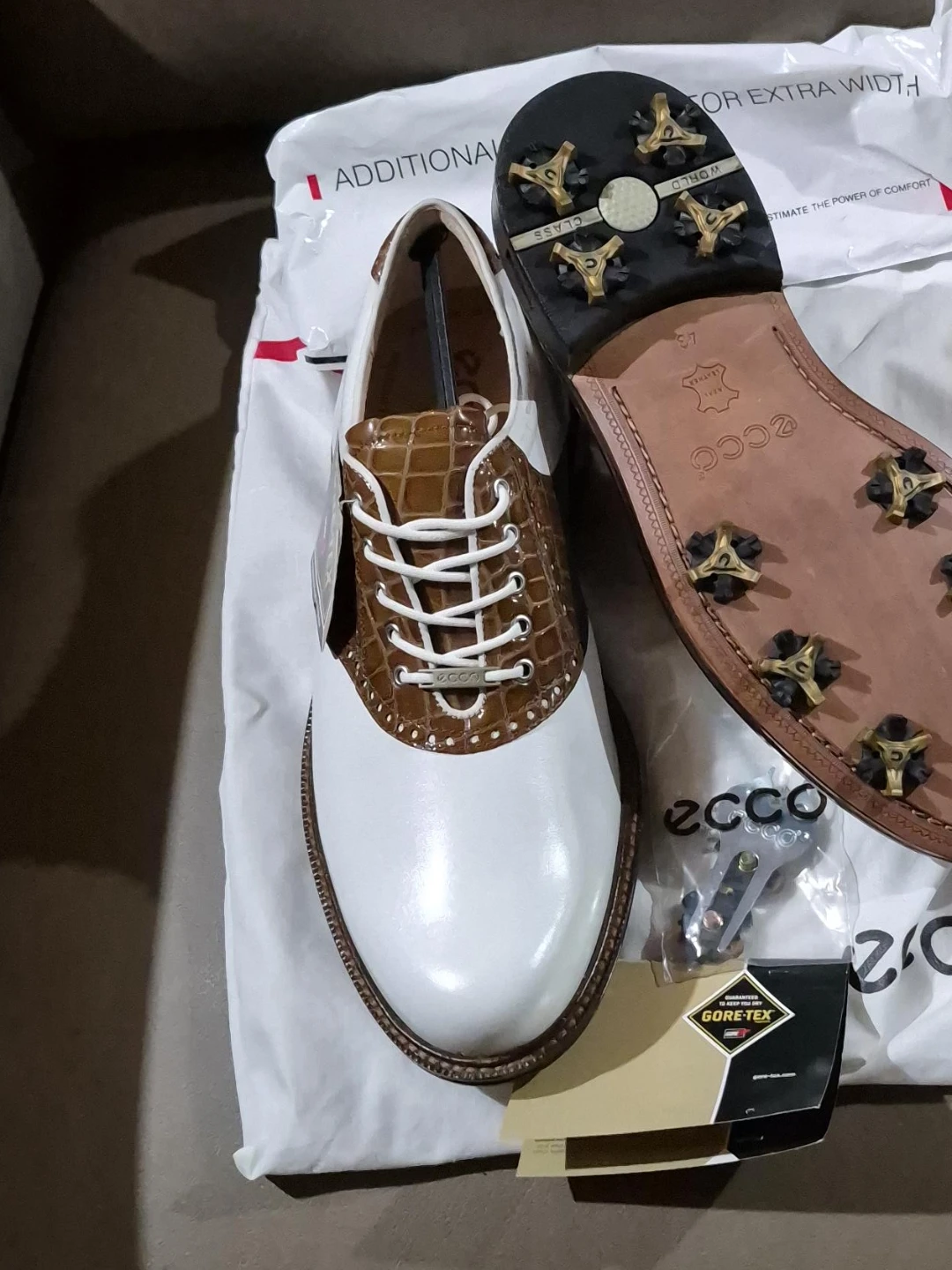 ECCO Men's Golf Shoes Size 43 White/Brown GORE-TEX