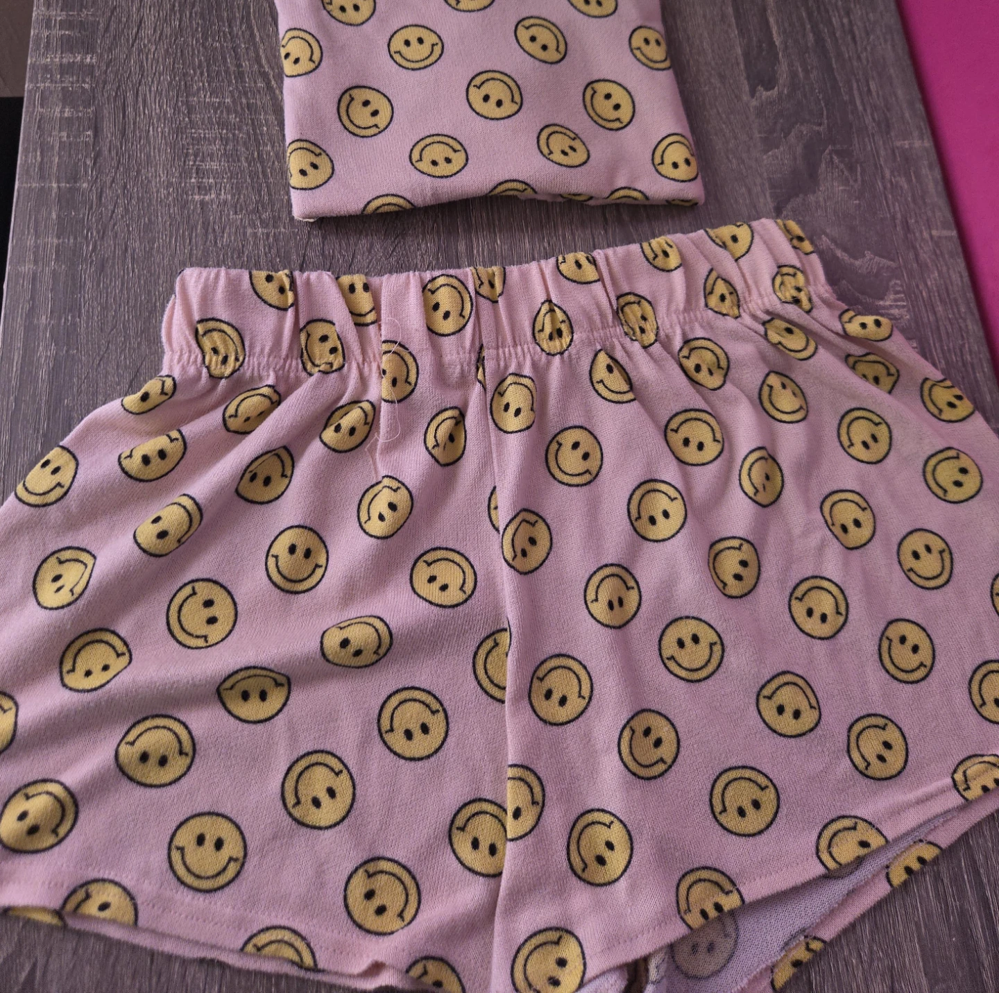 Pink Smiley Face Pajama Set Shorts and Top