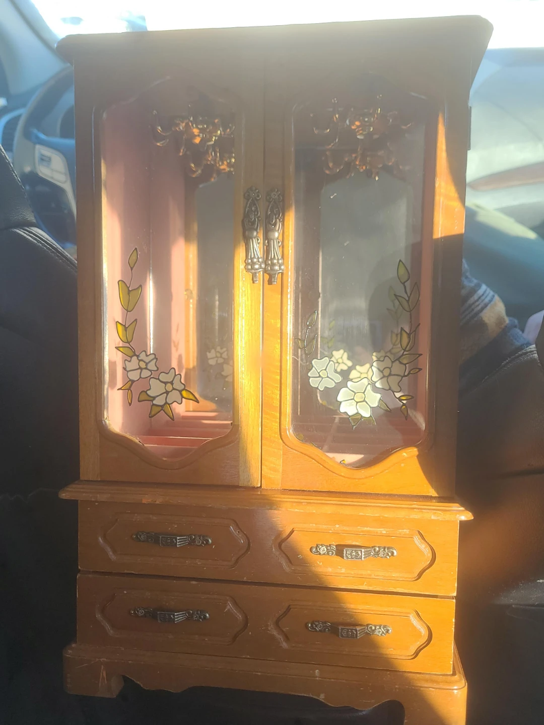 Wooden Jewelry Box with Mirrored Doors and Drawers