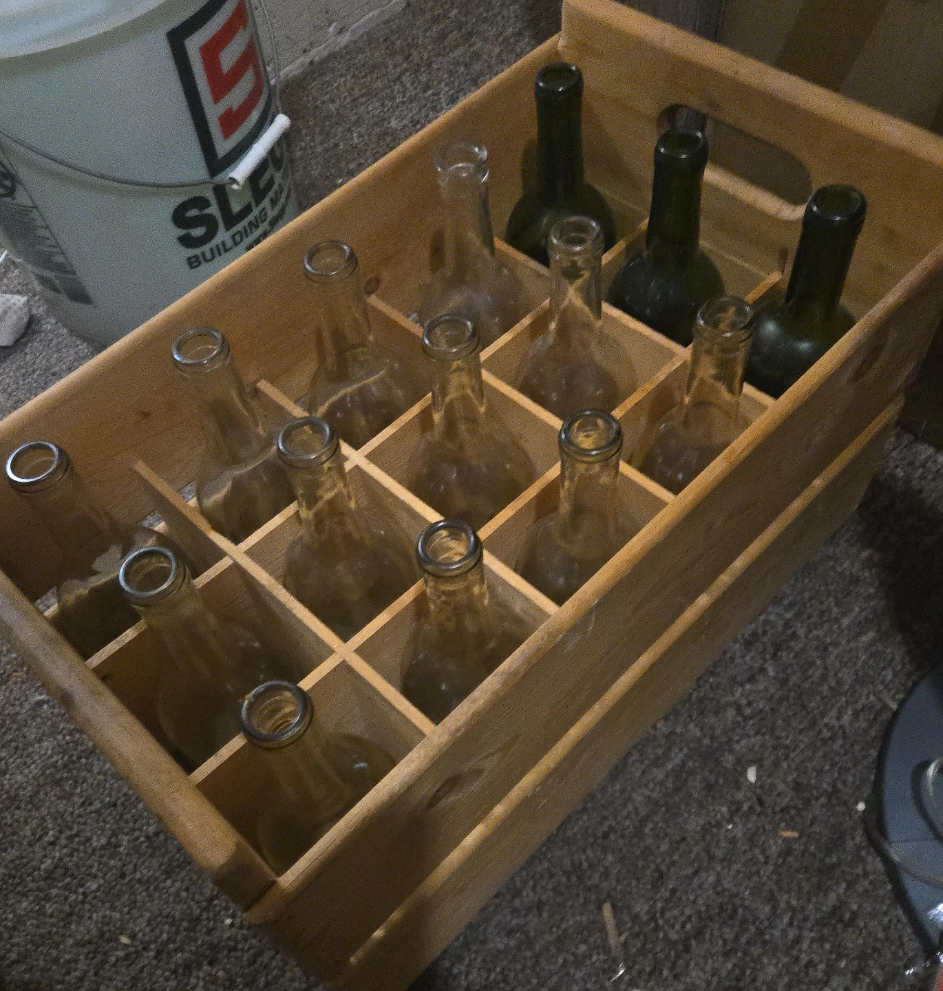 Wooden Crate with 15 Empty Glass Bottles