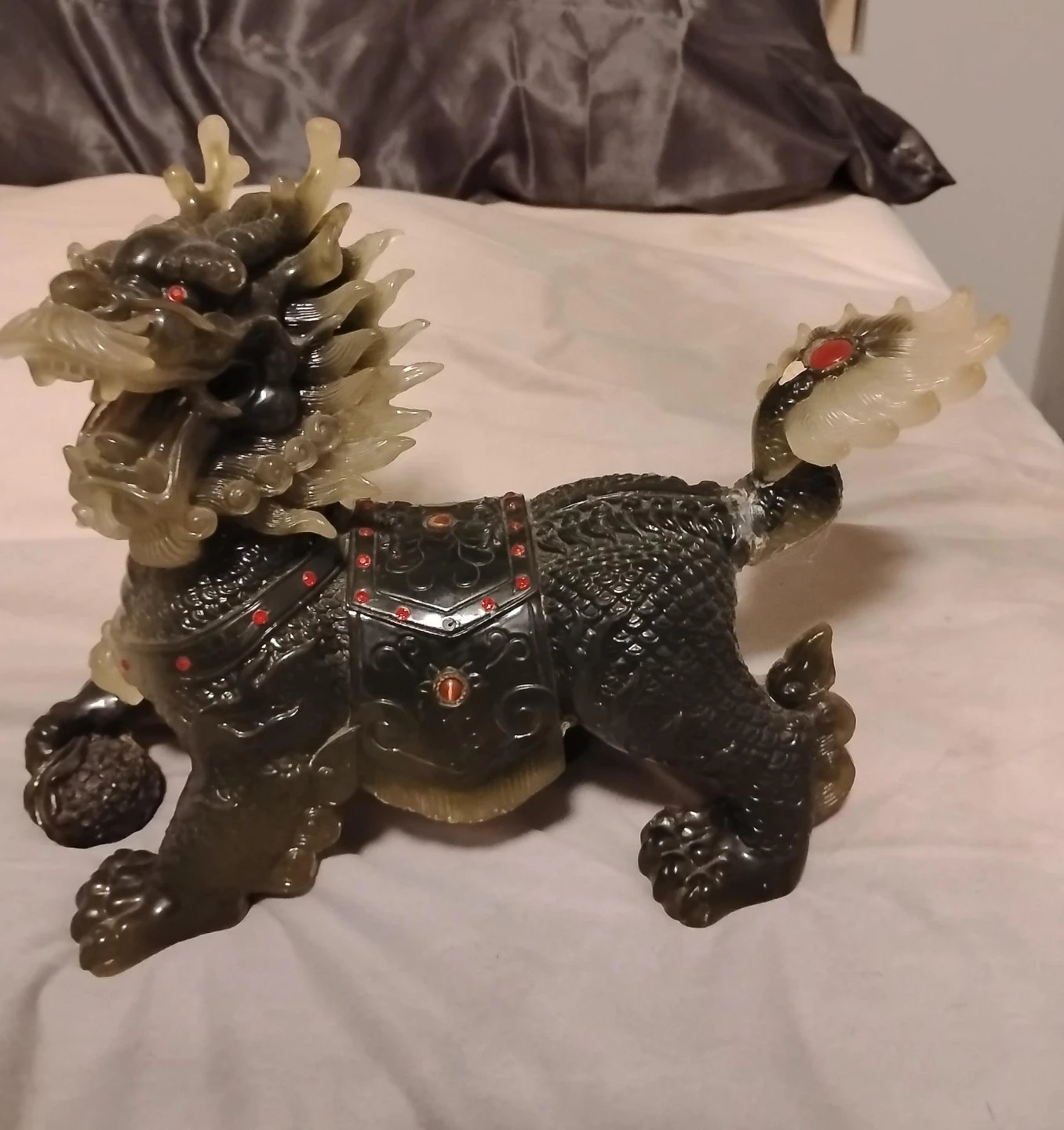 Chinese Dragon Statue with Red Gem Accents