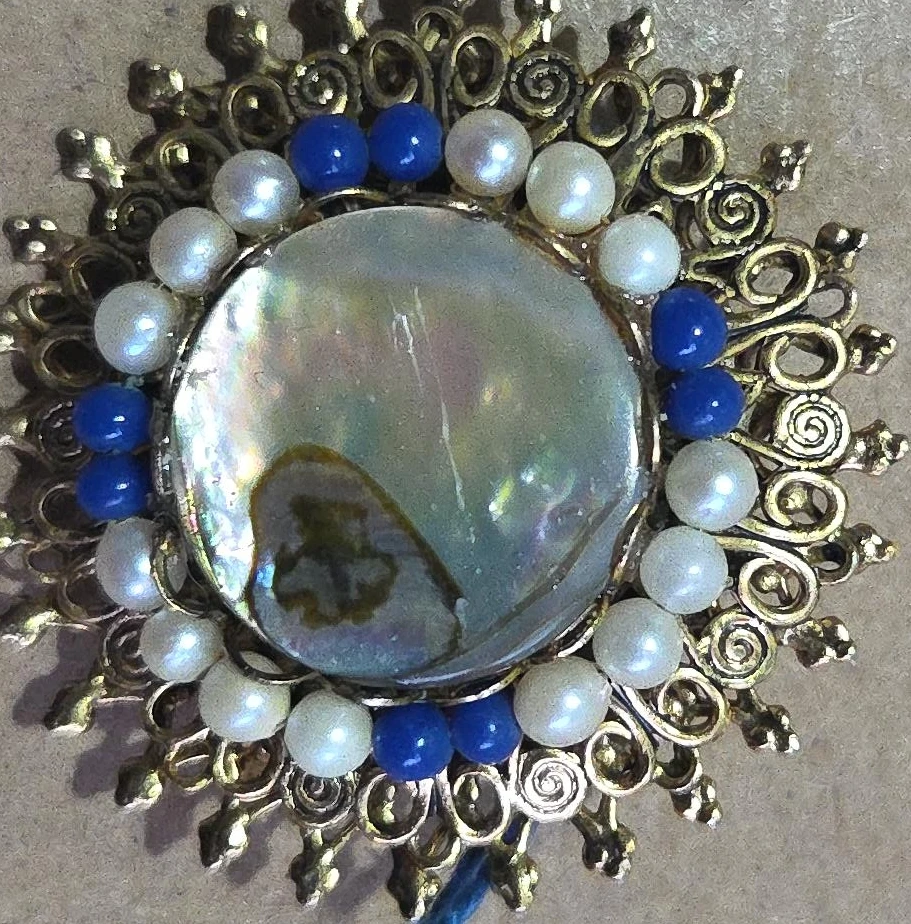 Vintage Brooch with Mother of Pearl and Blue Beads