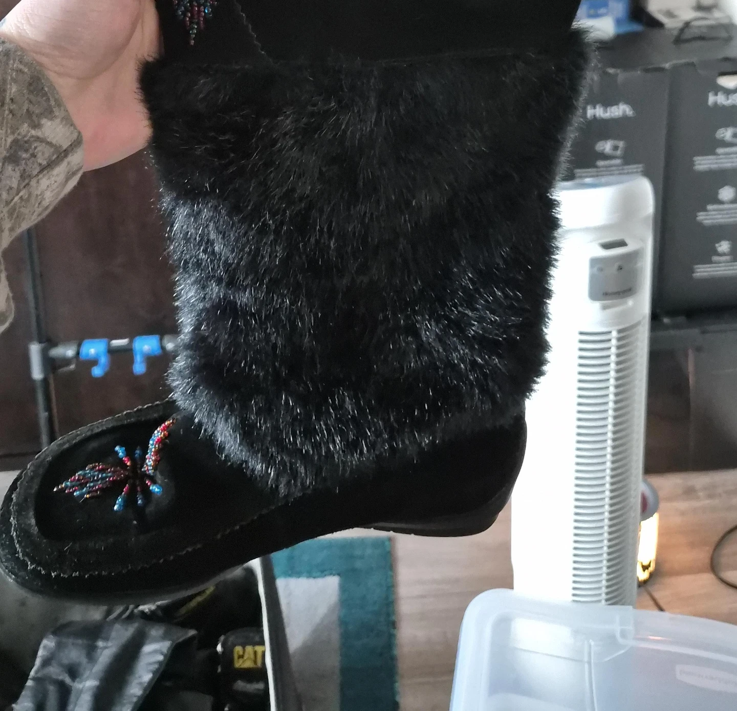 Black Moccasin Boots with Faux Fur Trim and Beading