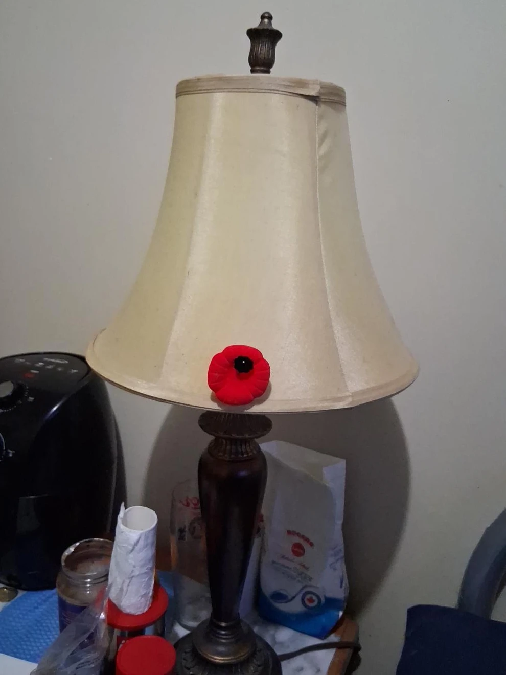 Table Lamp with Cream Shade and Red Poppy Accent