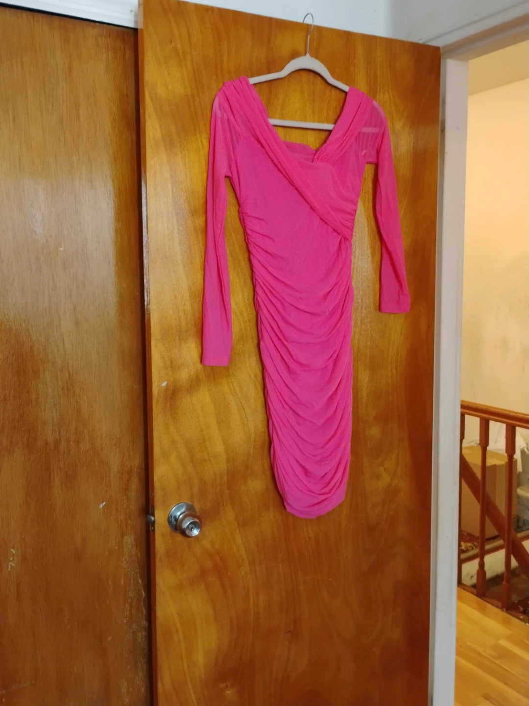 Hot Pink Ruched Mesh Dress