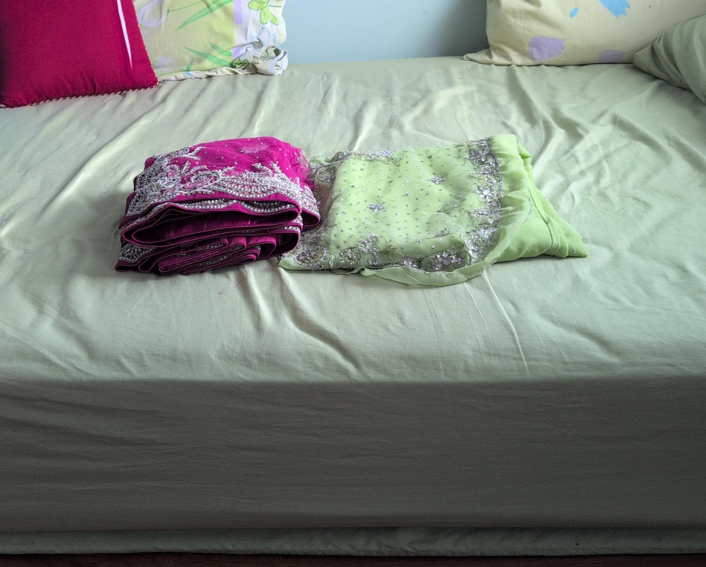 Two Embroidered Sarees - Pink and Lime Green only saree