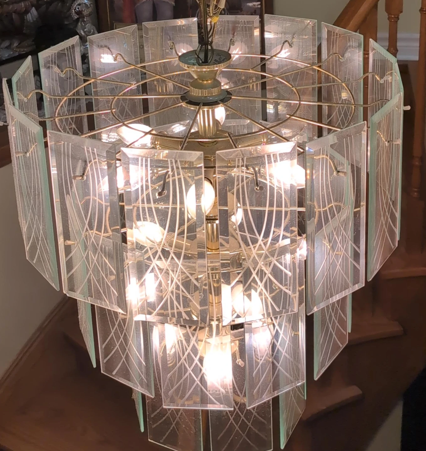 Vintage Brass and Etched Glass Chandelier pick up as is