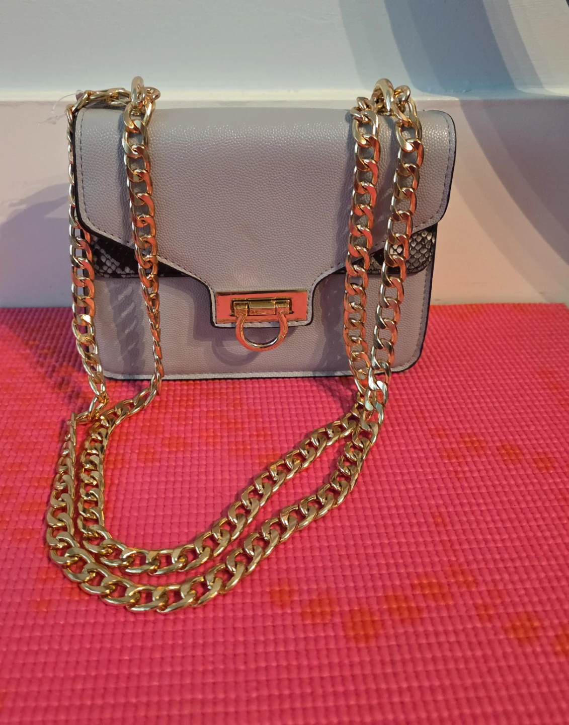 Grey Faux Leather Crossbody Bag with Gold Chain
