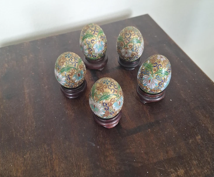 Set of 5 Cloisonné Decorative Eggs with Stands