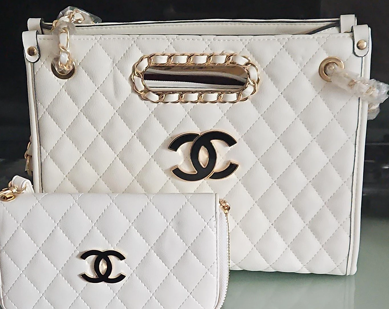 White Quilted Handbag with Matching Wallet Set