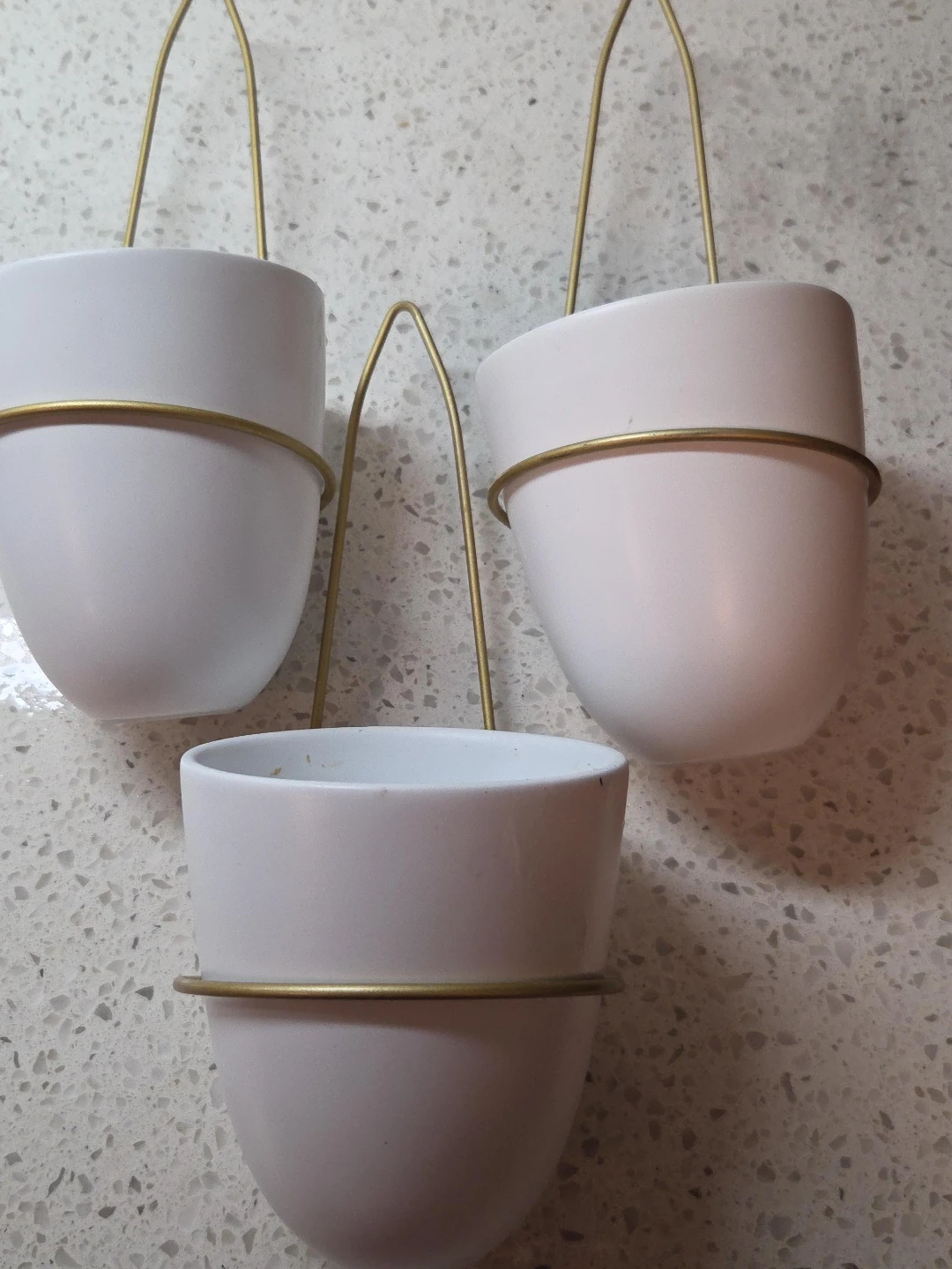 Set of 3 White Ceramic Hanging Planters with Gold Hangers