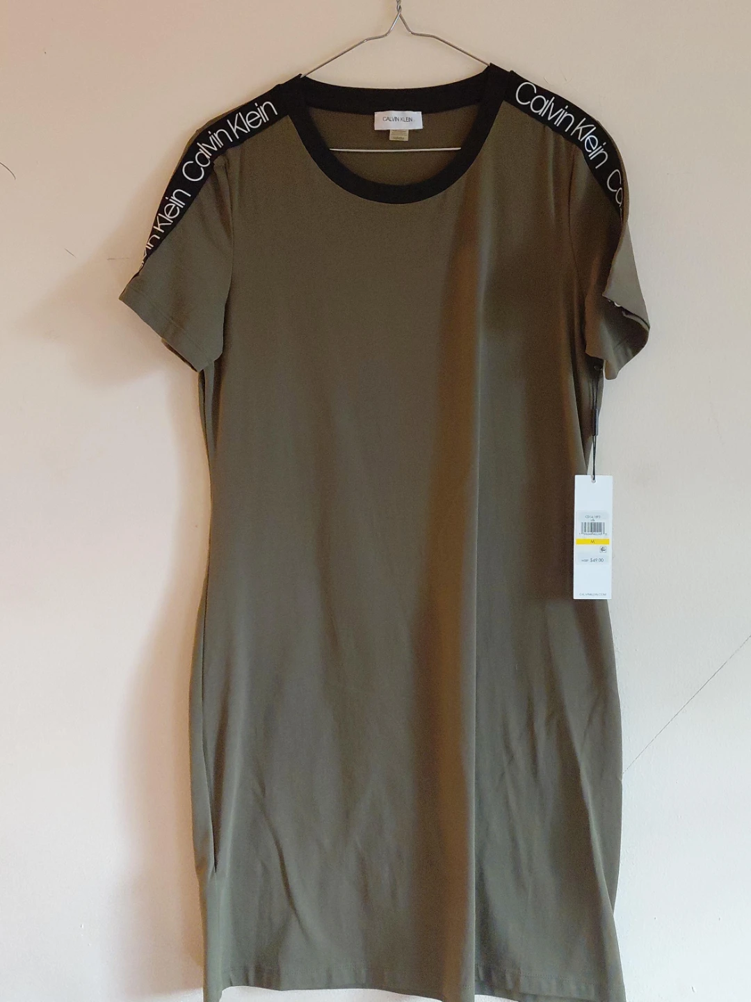 Calvin Klein Olive Green T-Shirt Dress with Logo Detail - Size M