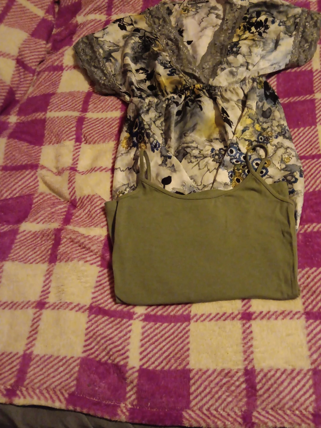 Floral Print Top and Green Camisole Set