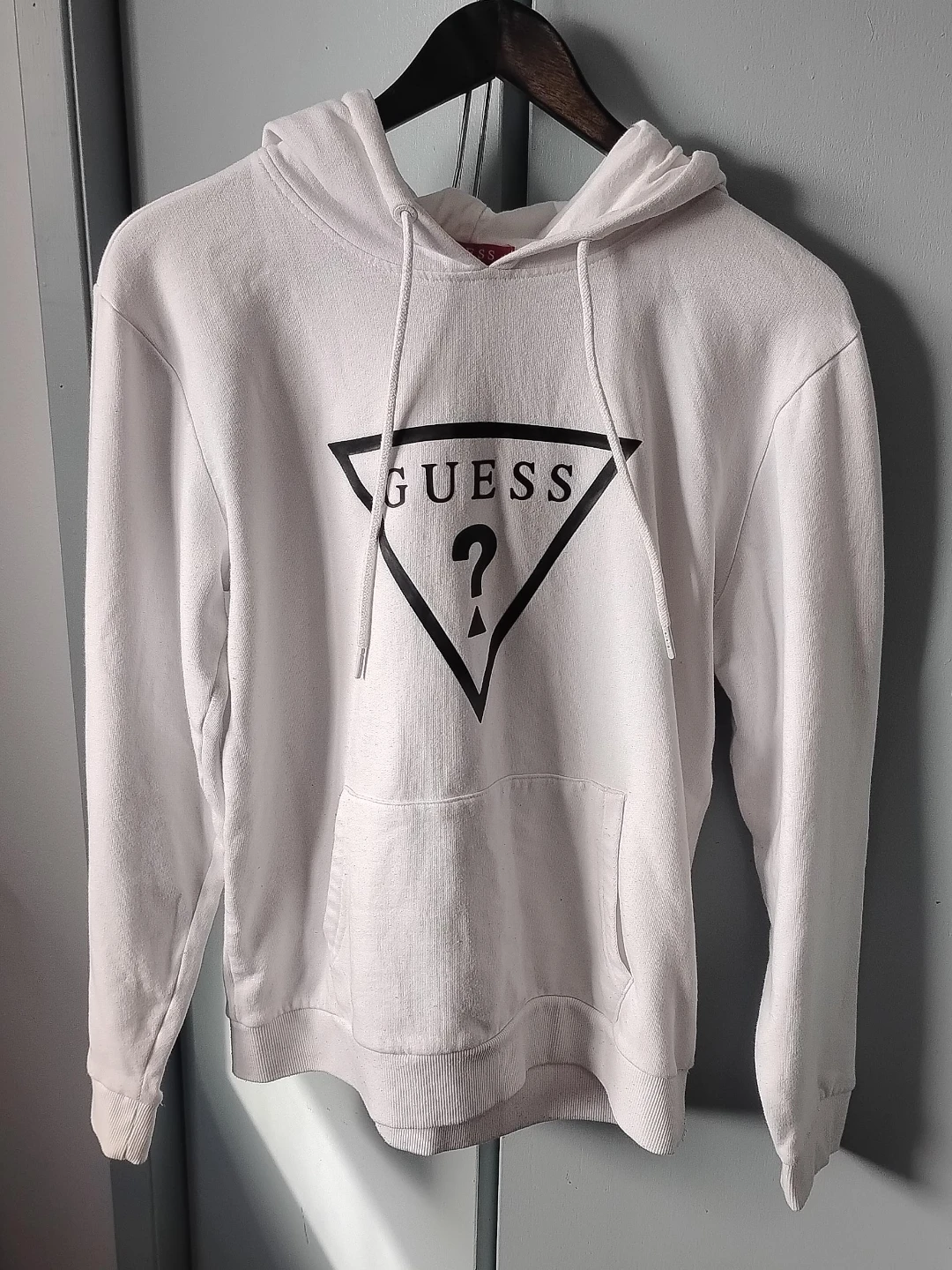 White Guess Hoodie with Triangle Logo