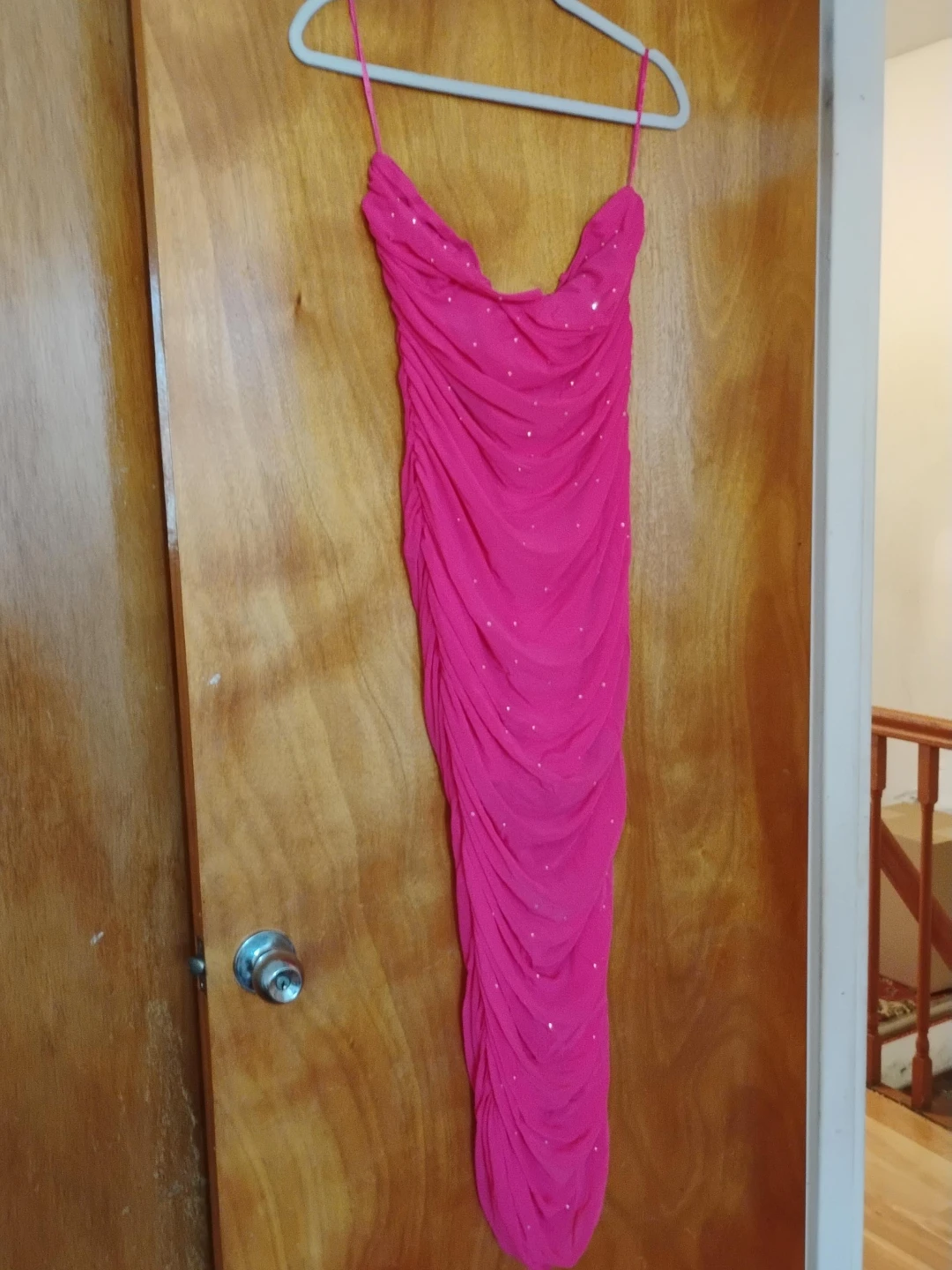 Hot Pink Ruched Sparkly Maxi Dress