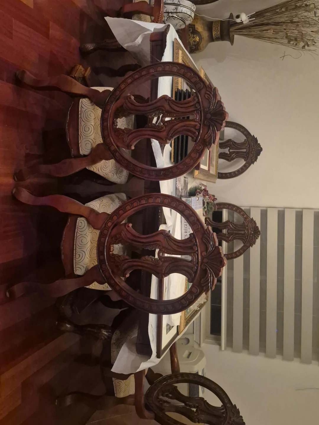 Set of 4 Ornate Dark Wood Dining Chairs with Upholstered Seats