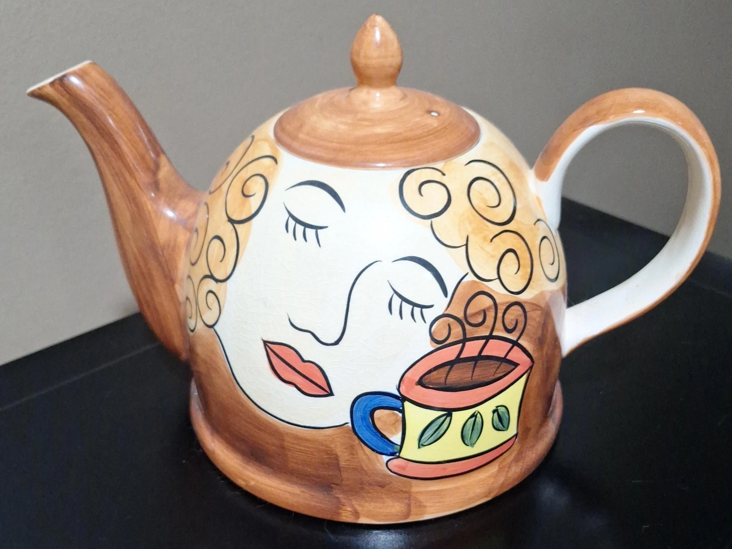 Ceramic Teapot with Face and Coffee Cup Design