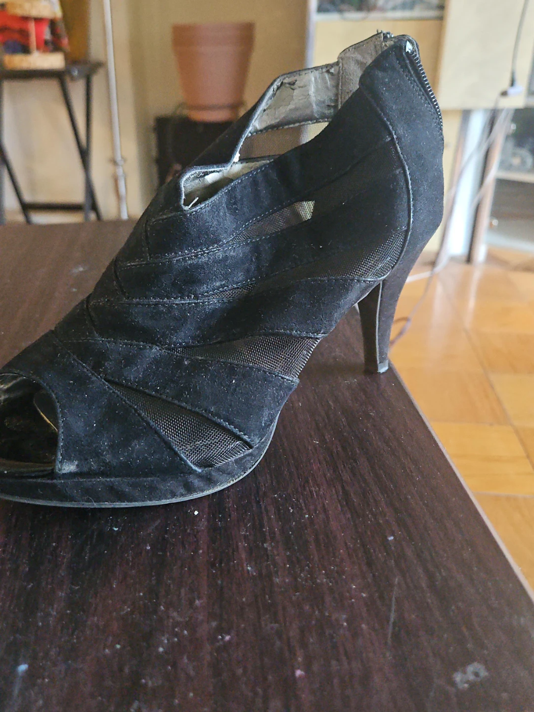 Black Peep-Toe Mesh Ankle Strap Heels