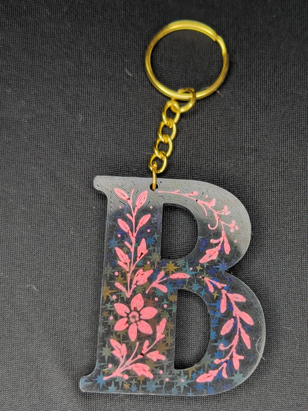 Letter B Keychain with Pink Floral Design
