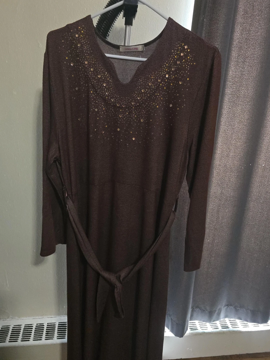 Linna Ling Brown Dress or abaya with Rhinestones