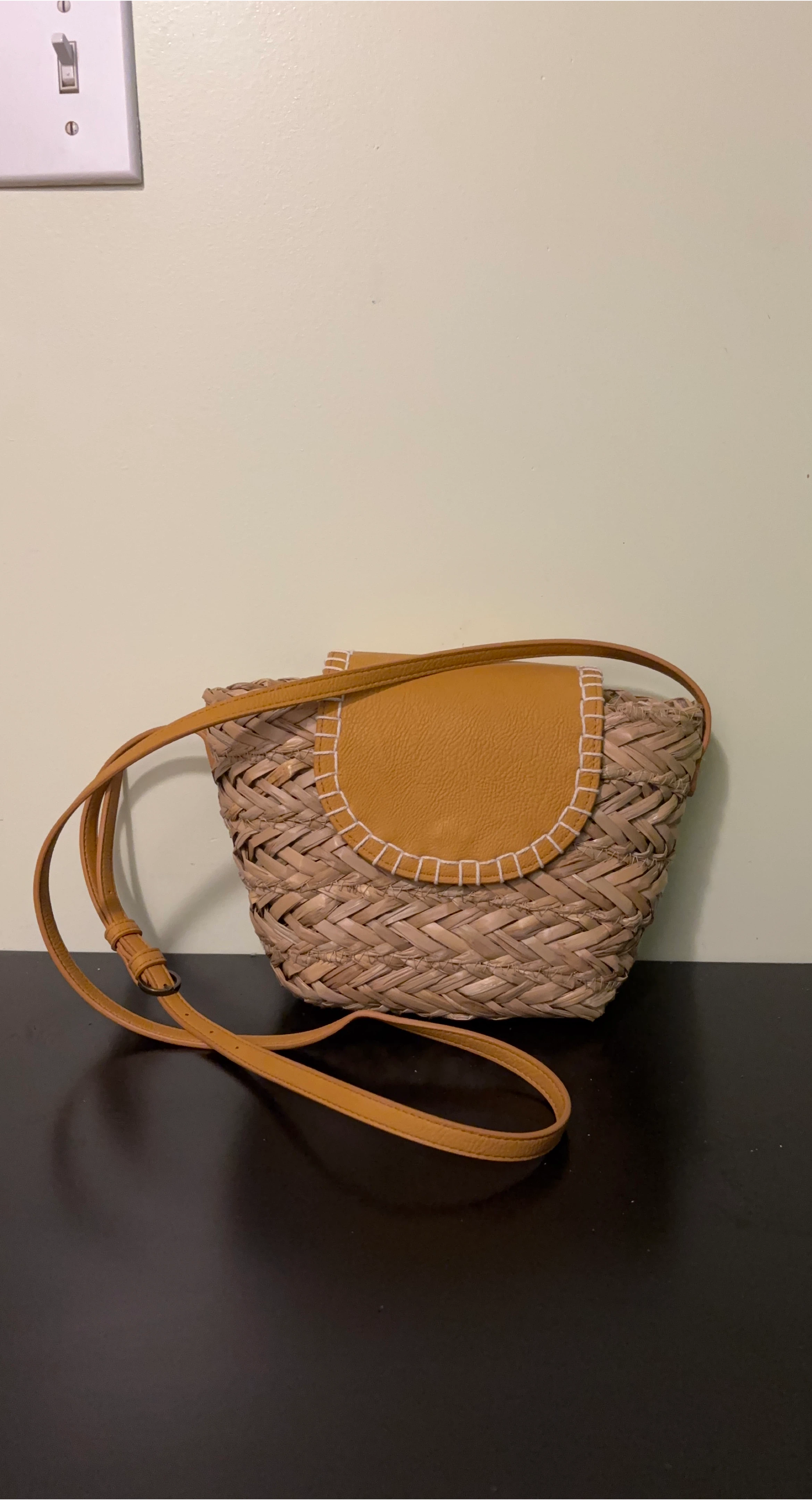 Woven Crossbody Bag with Yellow Faux Leather Flap