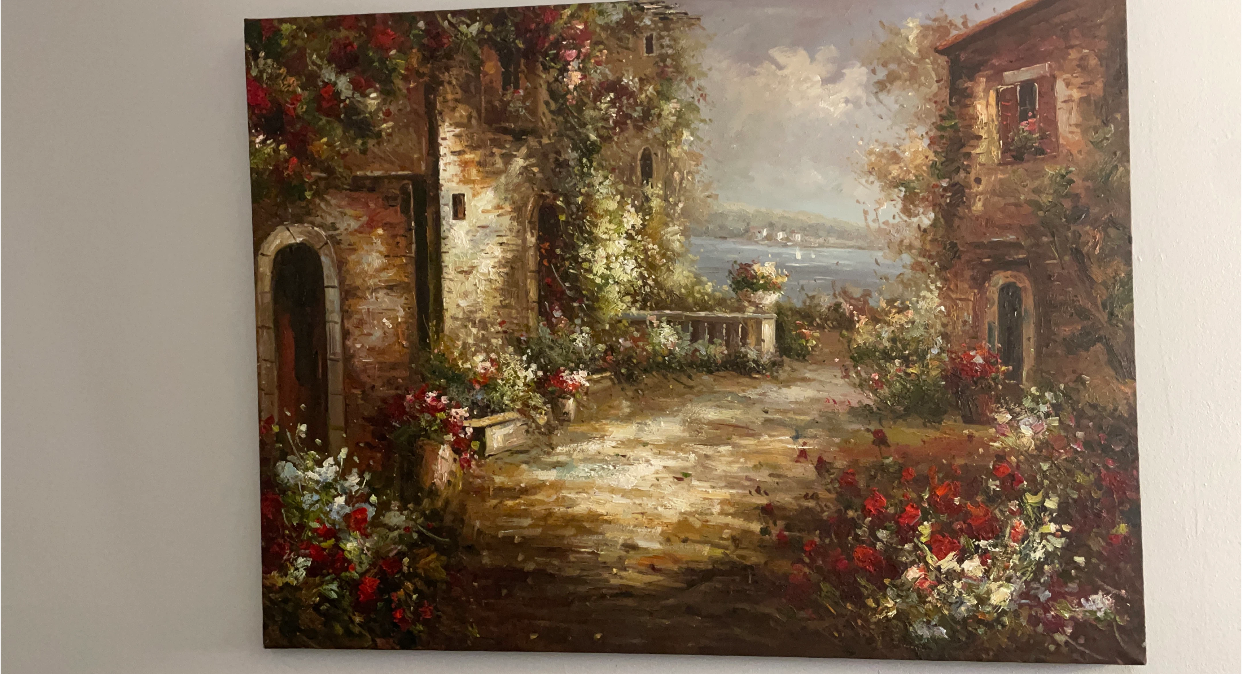 Oil Painting of Italian Village Scene with Flowers
