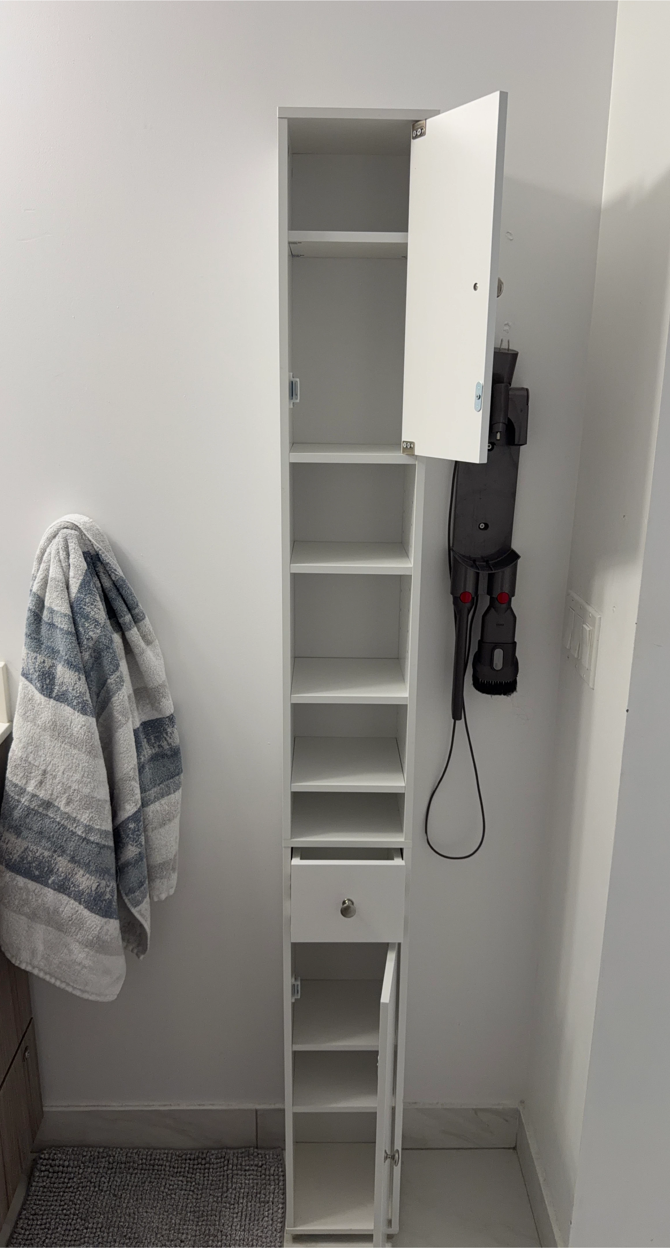 White Tall Storage Cabinet with Drawer