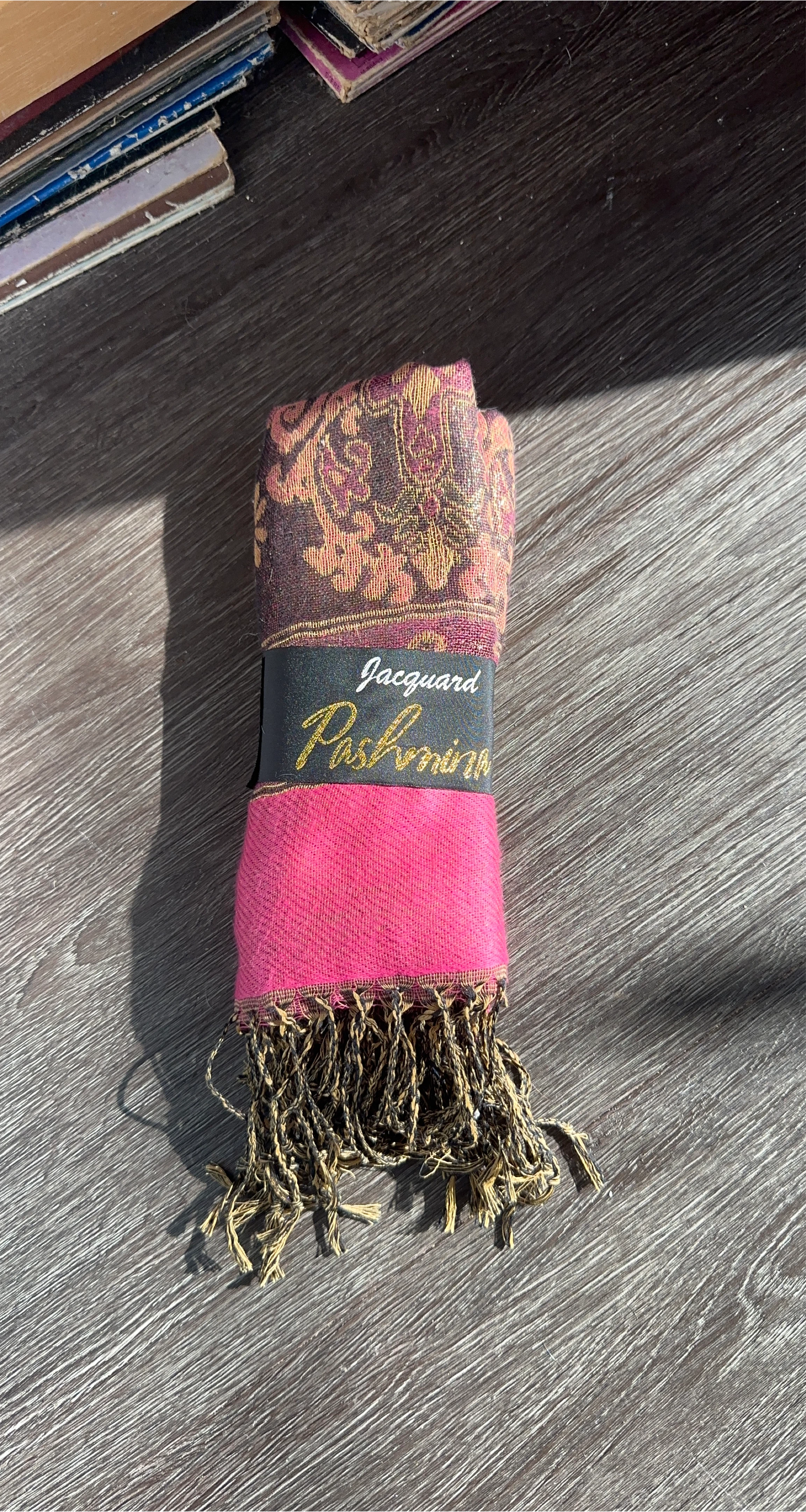 Jacquard Pashmina Scarf - Pink with Gold Pattern