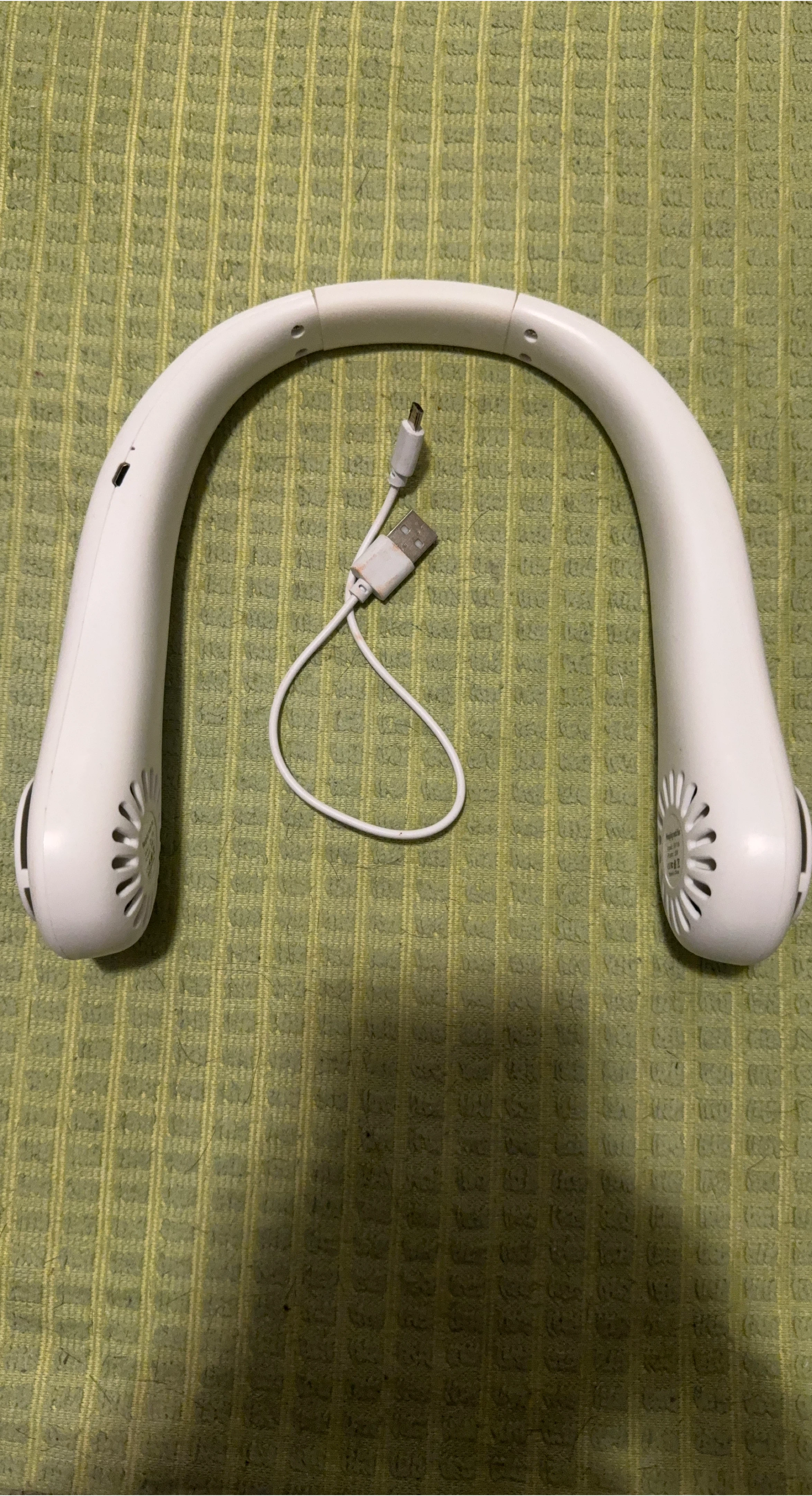 White Wearable Neck Fan with USB Charging Cable