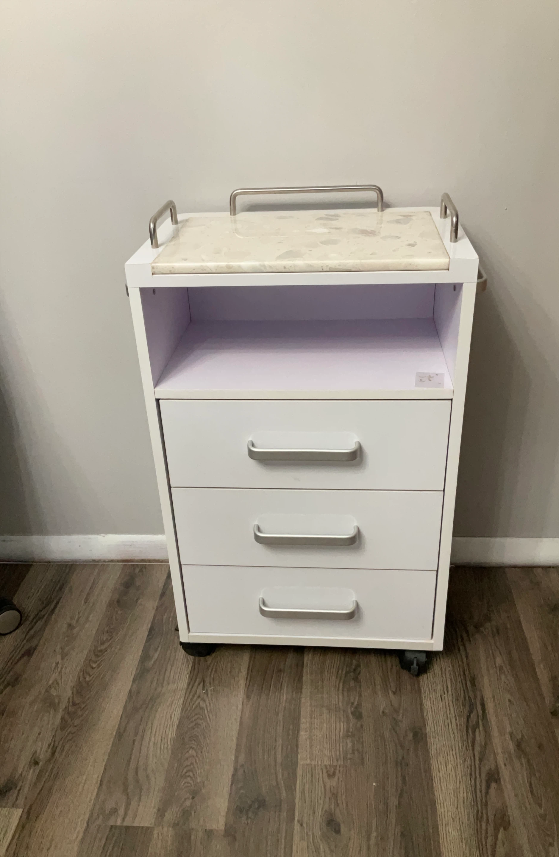 White 3-Drawer Rolling Cart with Marble Top