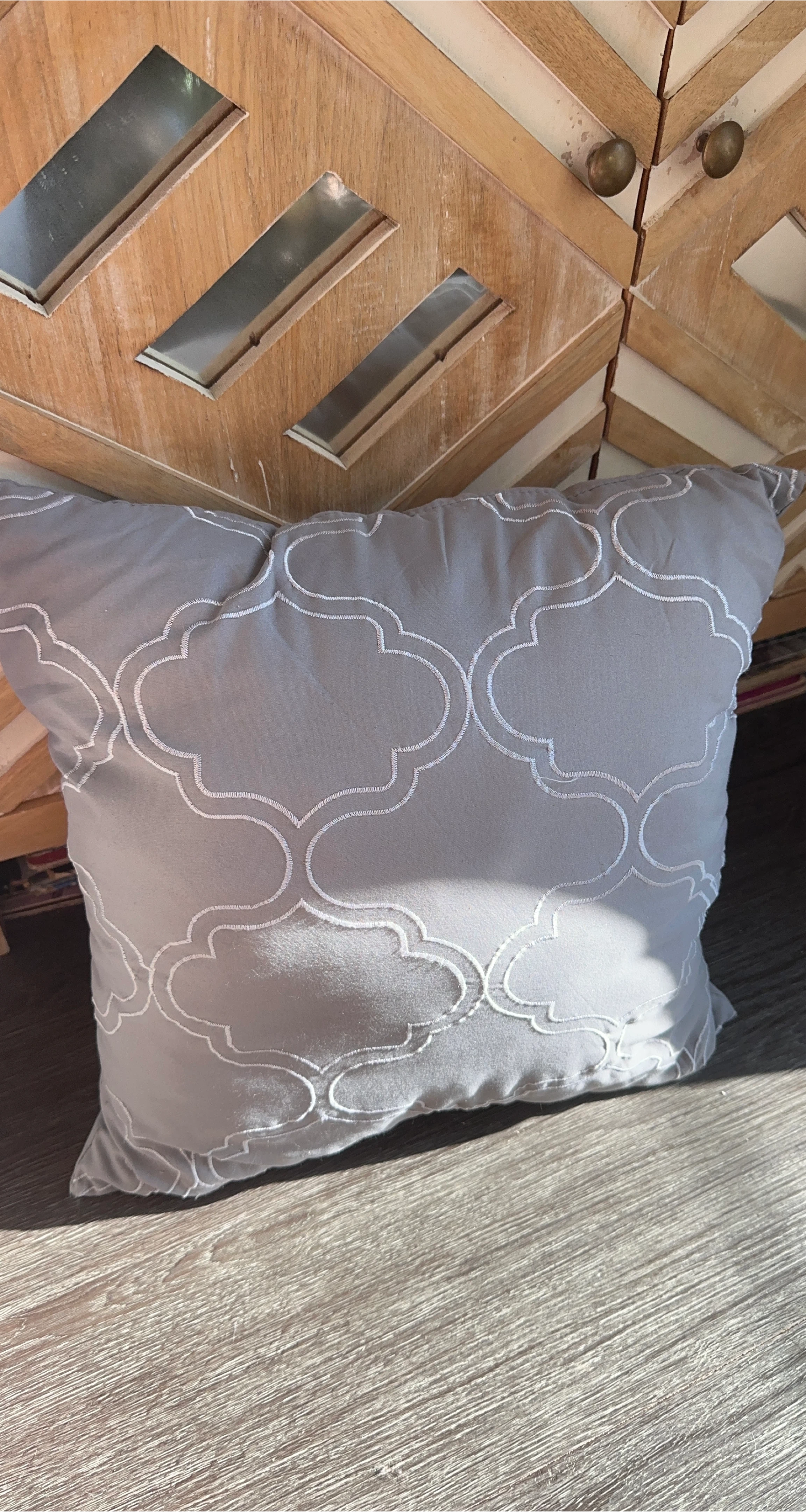 Grey Decorative Pillow with White Embroidery