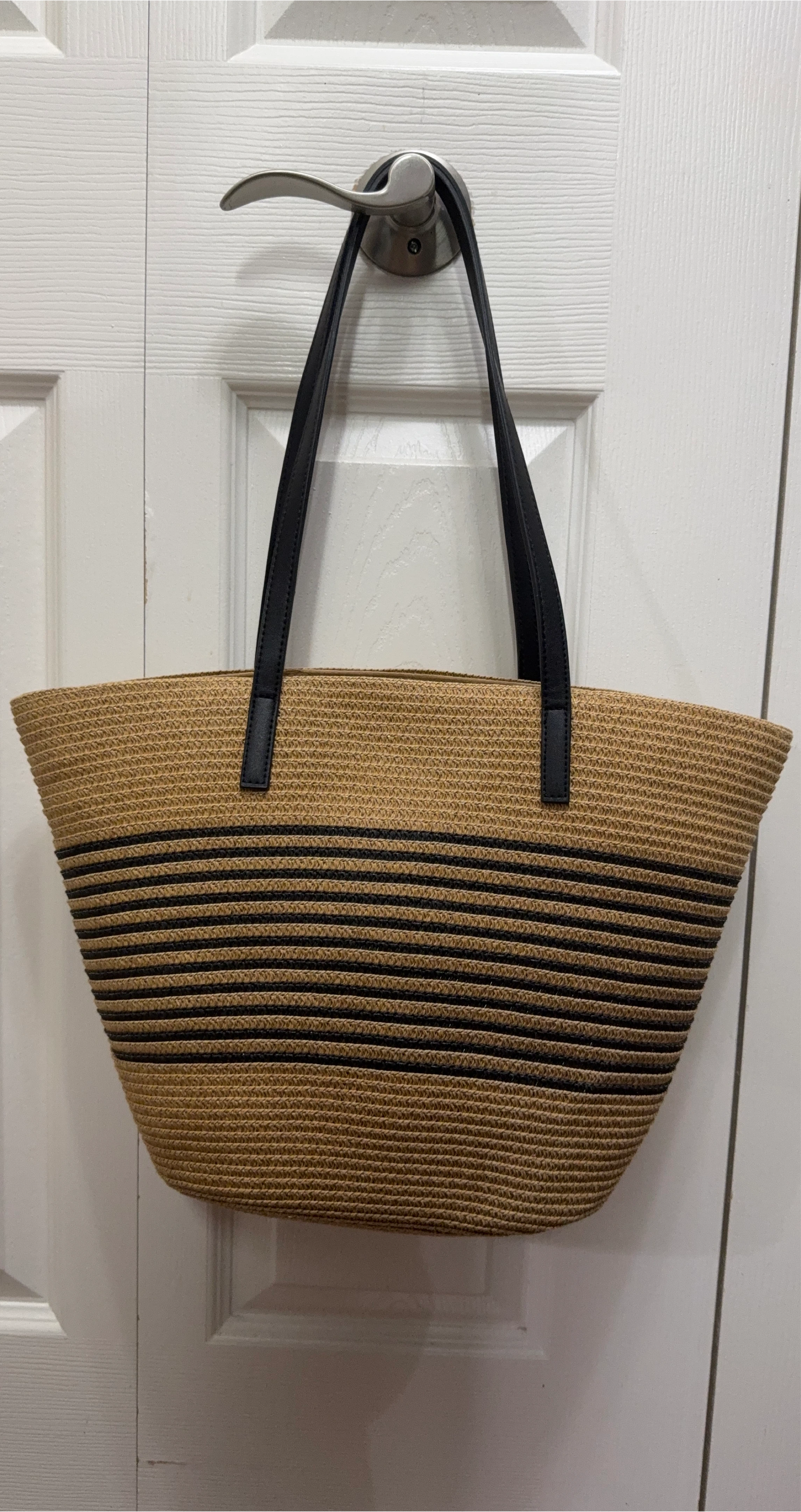 Straw Tote Bag with Black Stripes