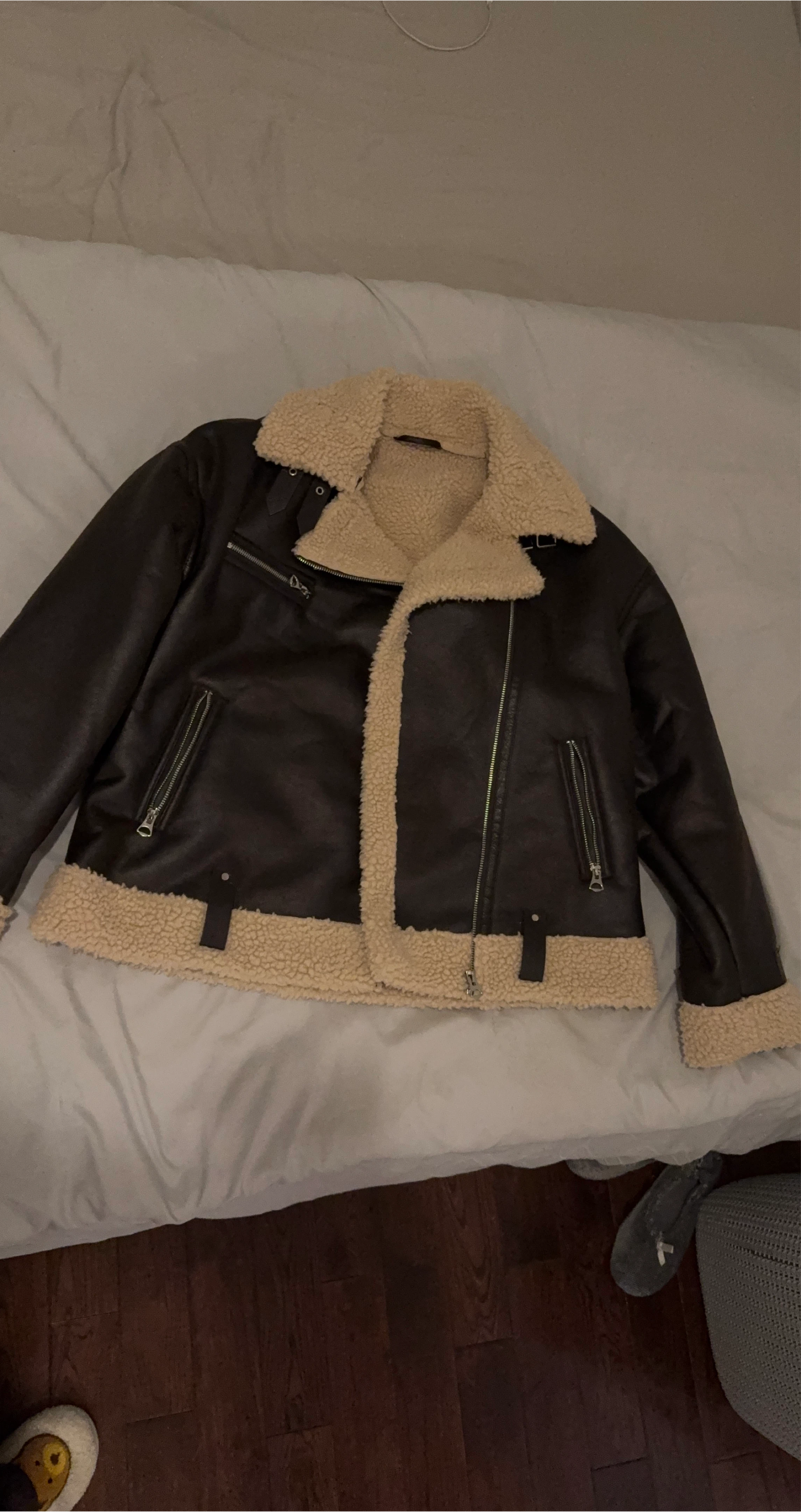 Brown Faux Leather Biker Jacket with Sherpa Lining