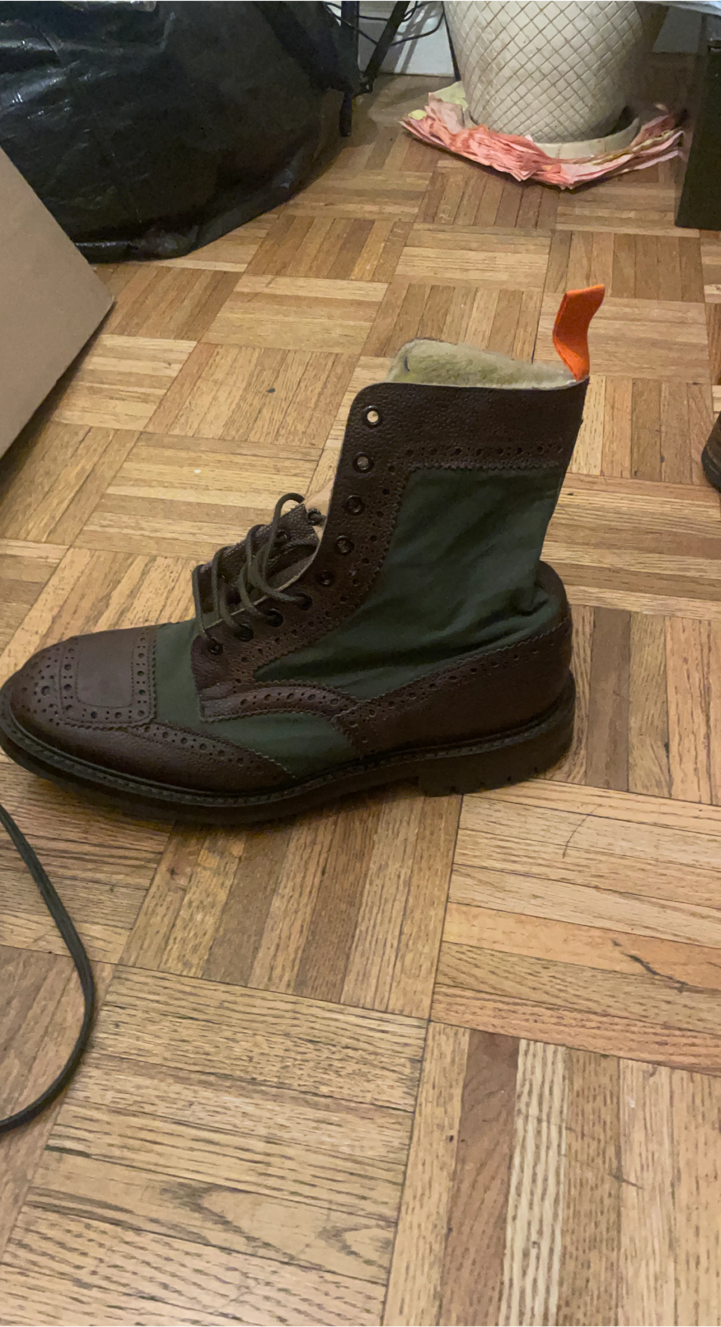 Men's Brown & Green Leather Lace-Up Boots