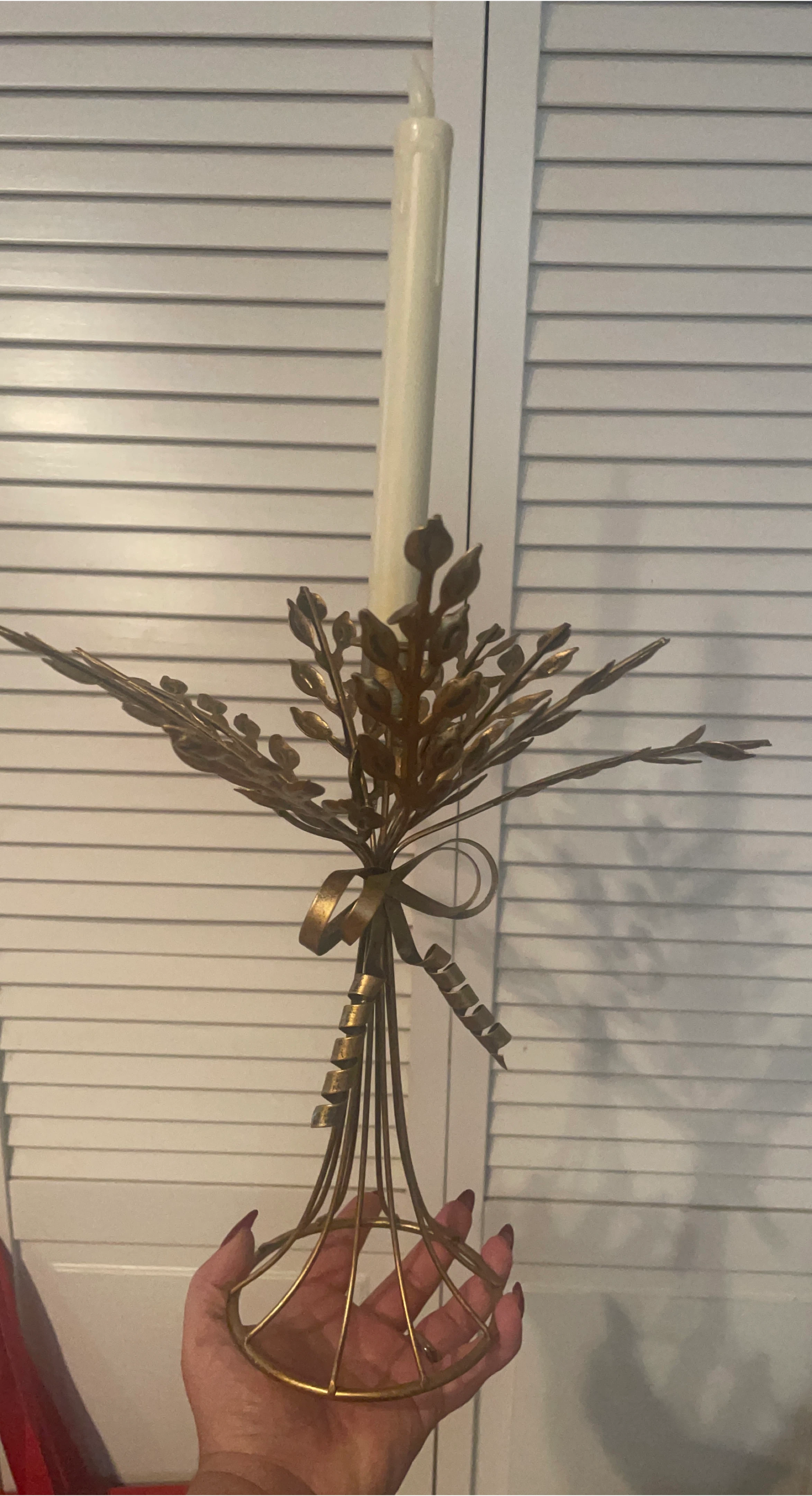 Gold Metal Leaf Candle Holder with Candle