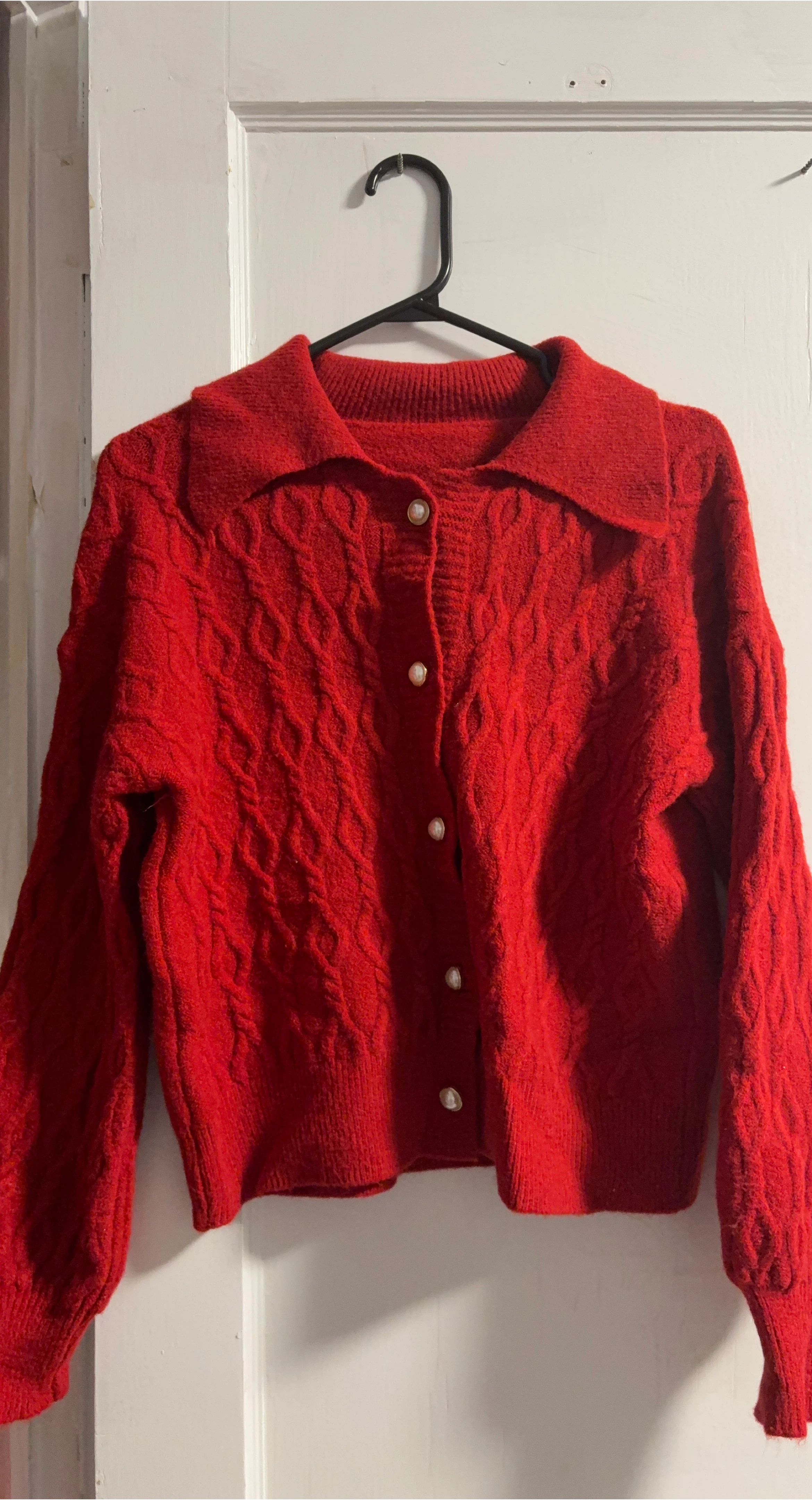 Red Cable Knit Cardigan with Pearl Buttons