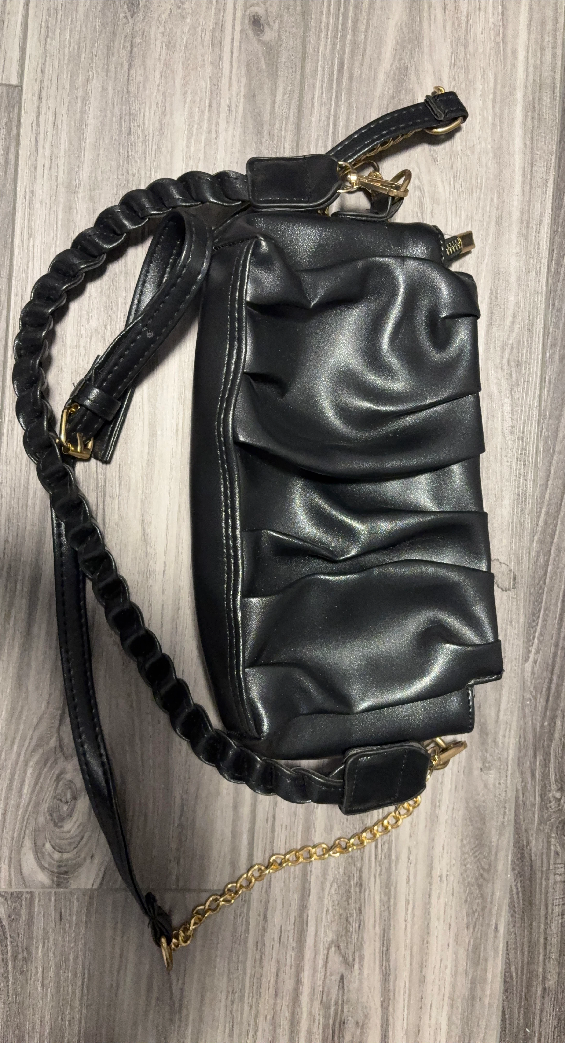 Black Pleated Faux Leather Handbag with Gold Chain Strap