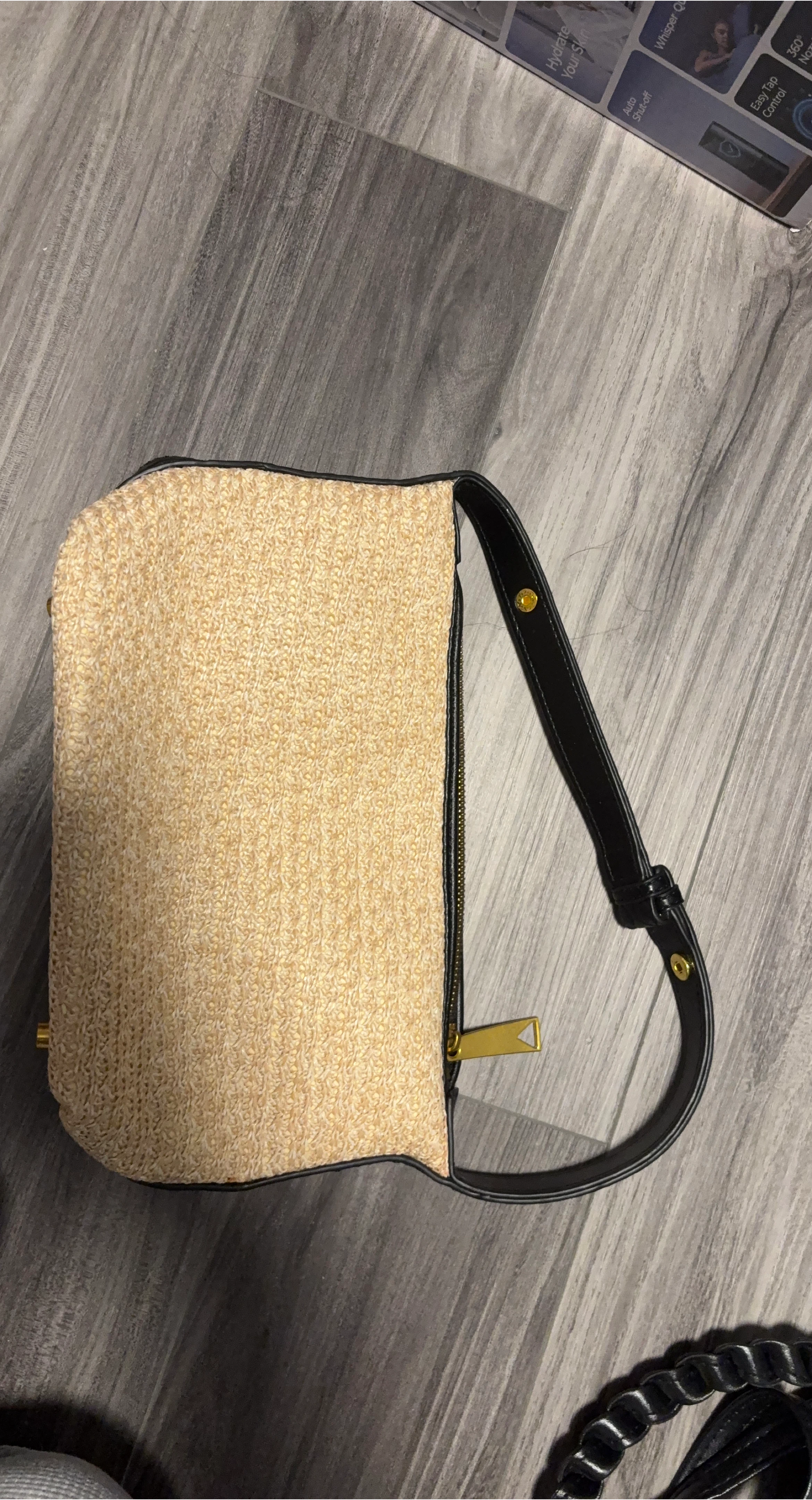 Straw Shoulder Bag with Black Trim