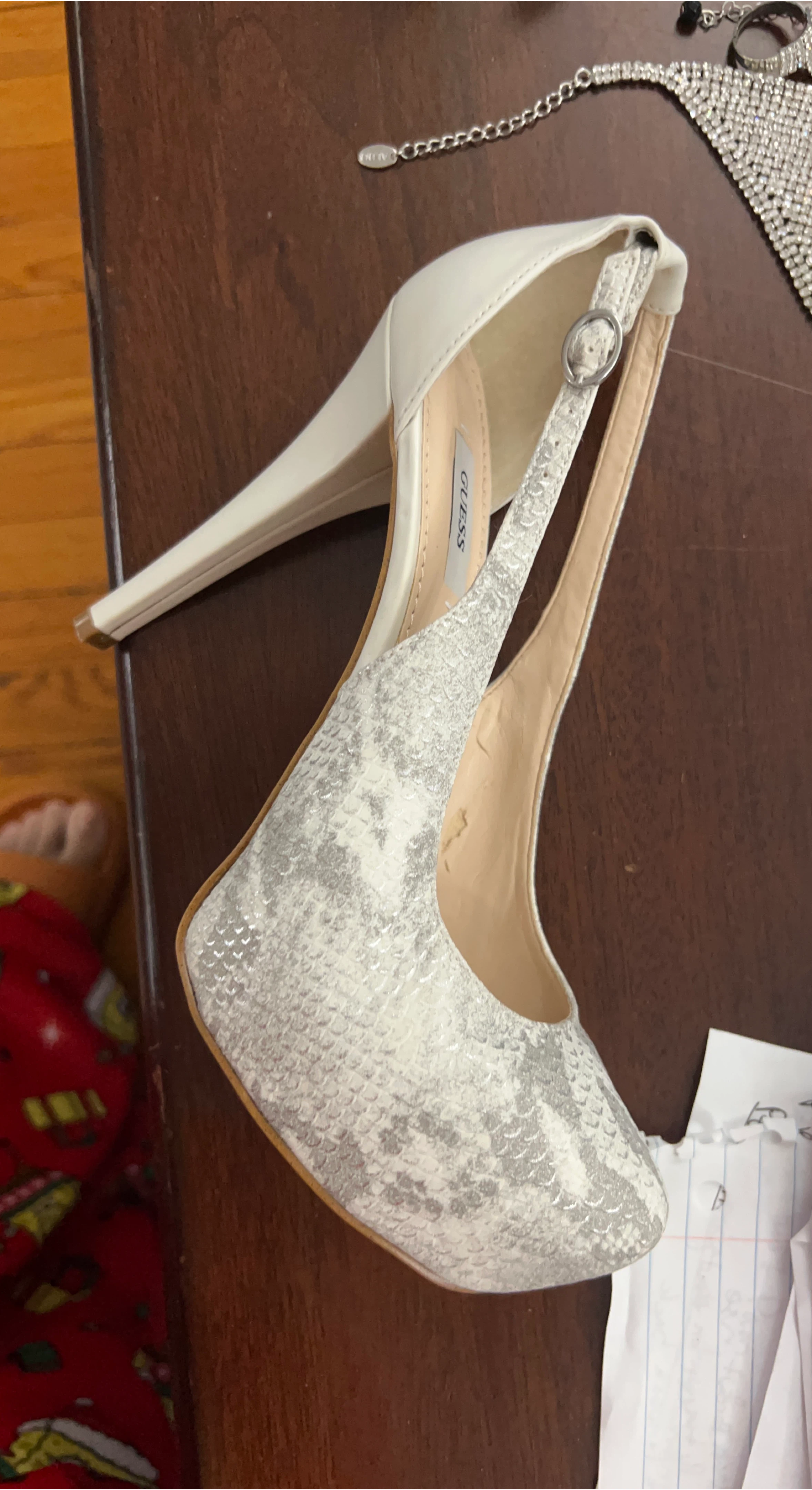 Guess White & Silver Snake Print Heels