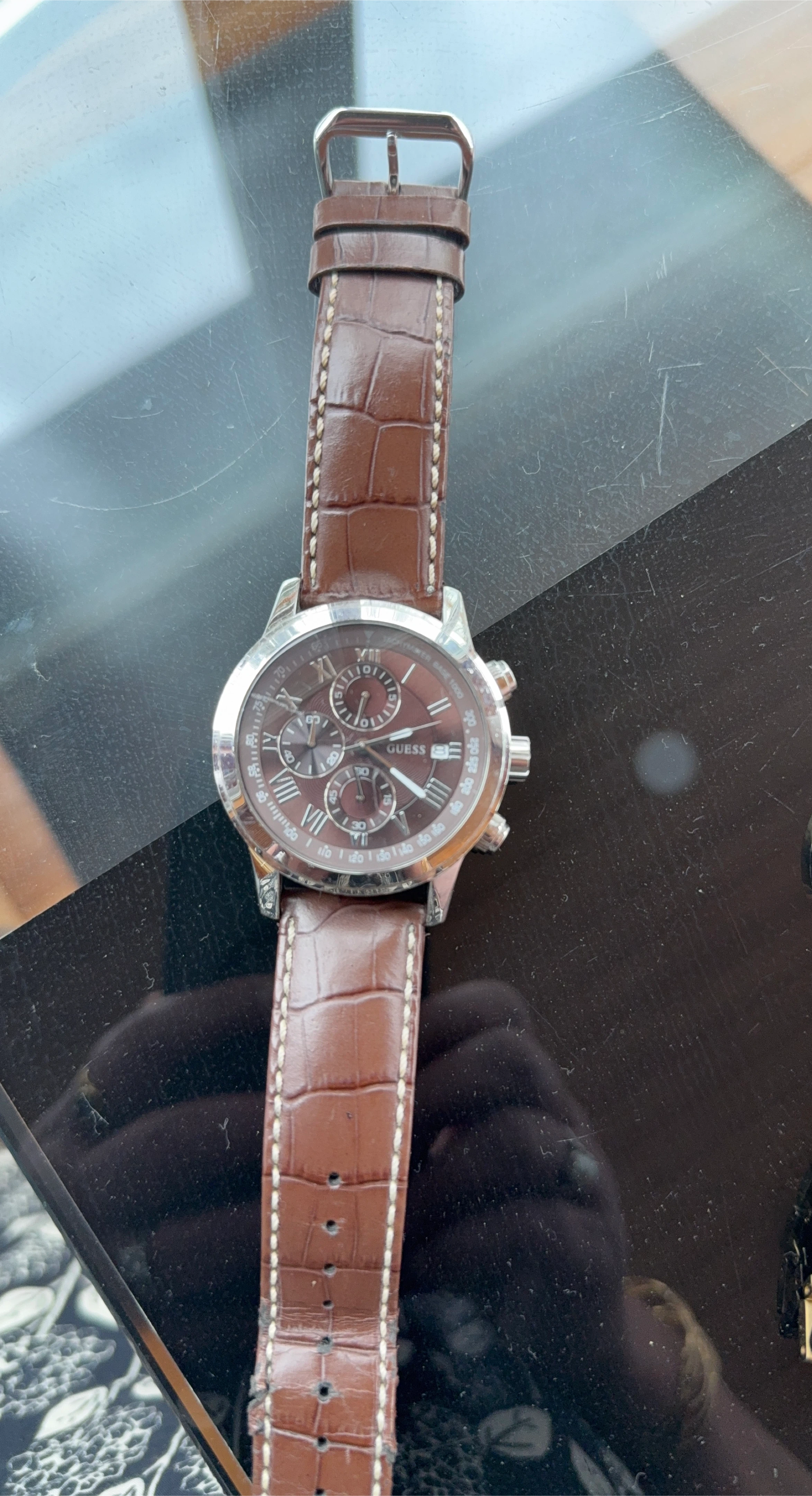 Guess Men's Brown Leather Strap Watch