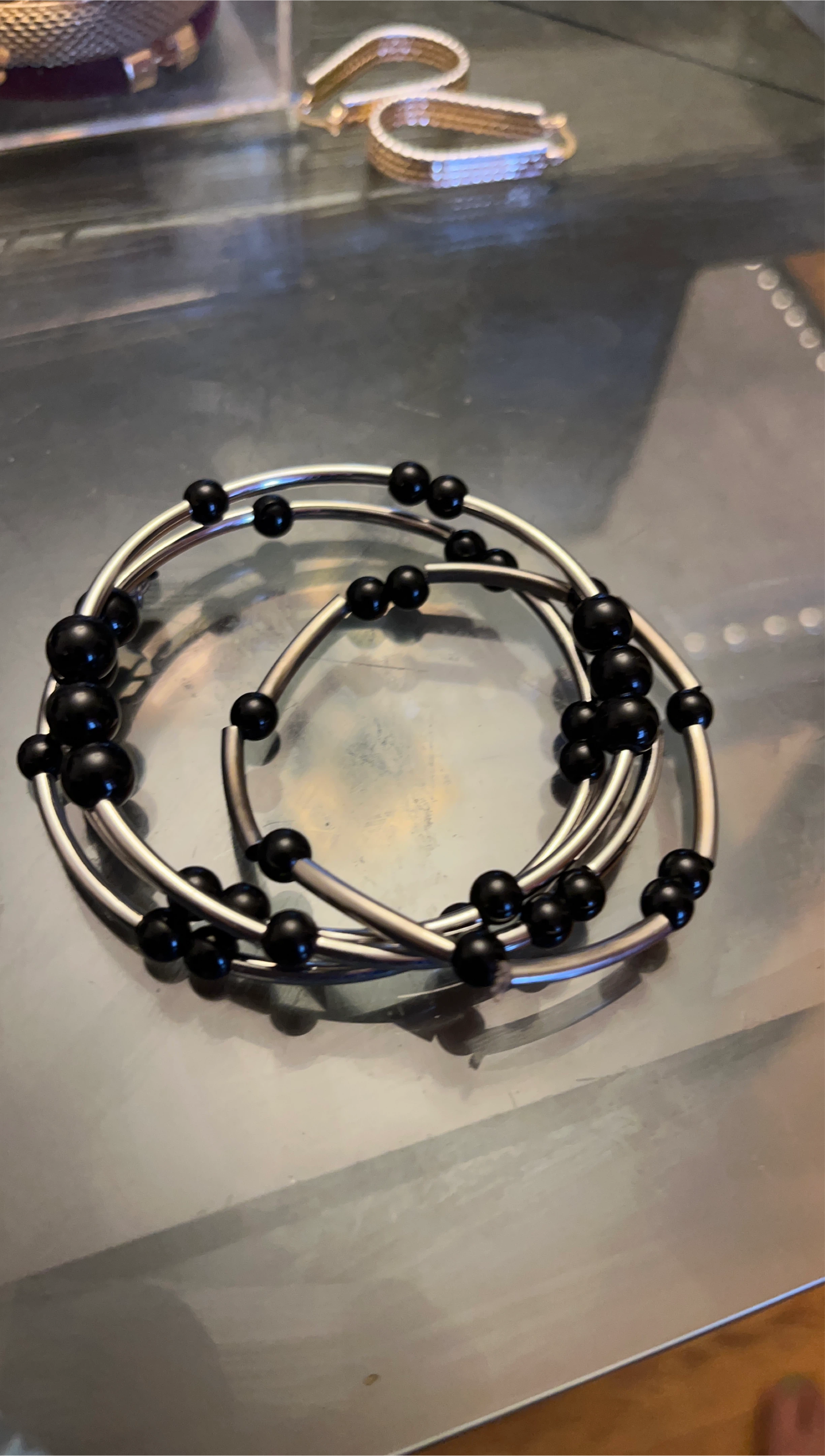 Silver Tone Wire Bangles with Black Beads