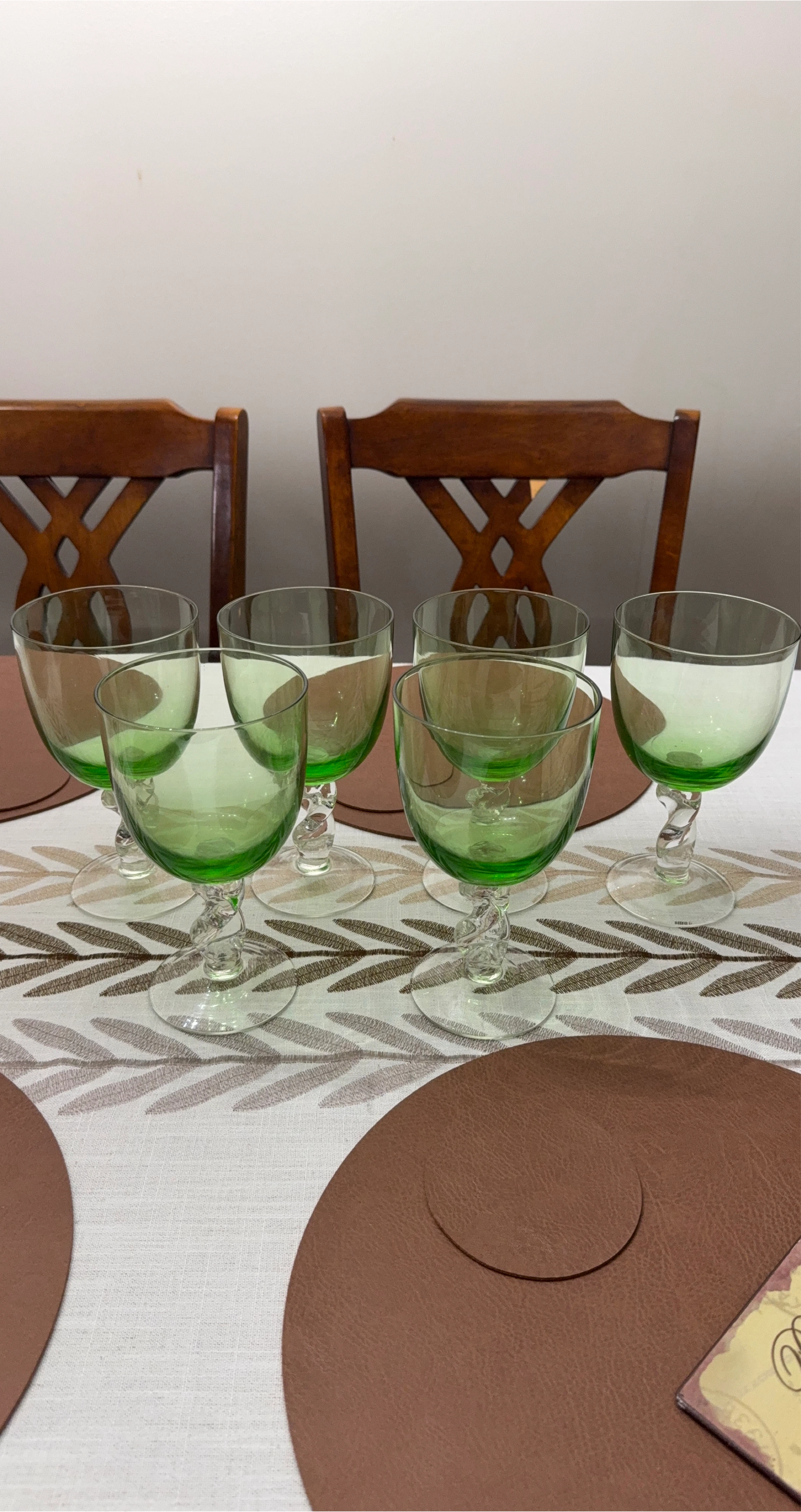 Set of 6 Green Glass Goblets with Twisted Stems