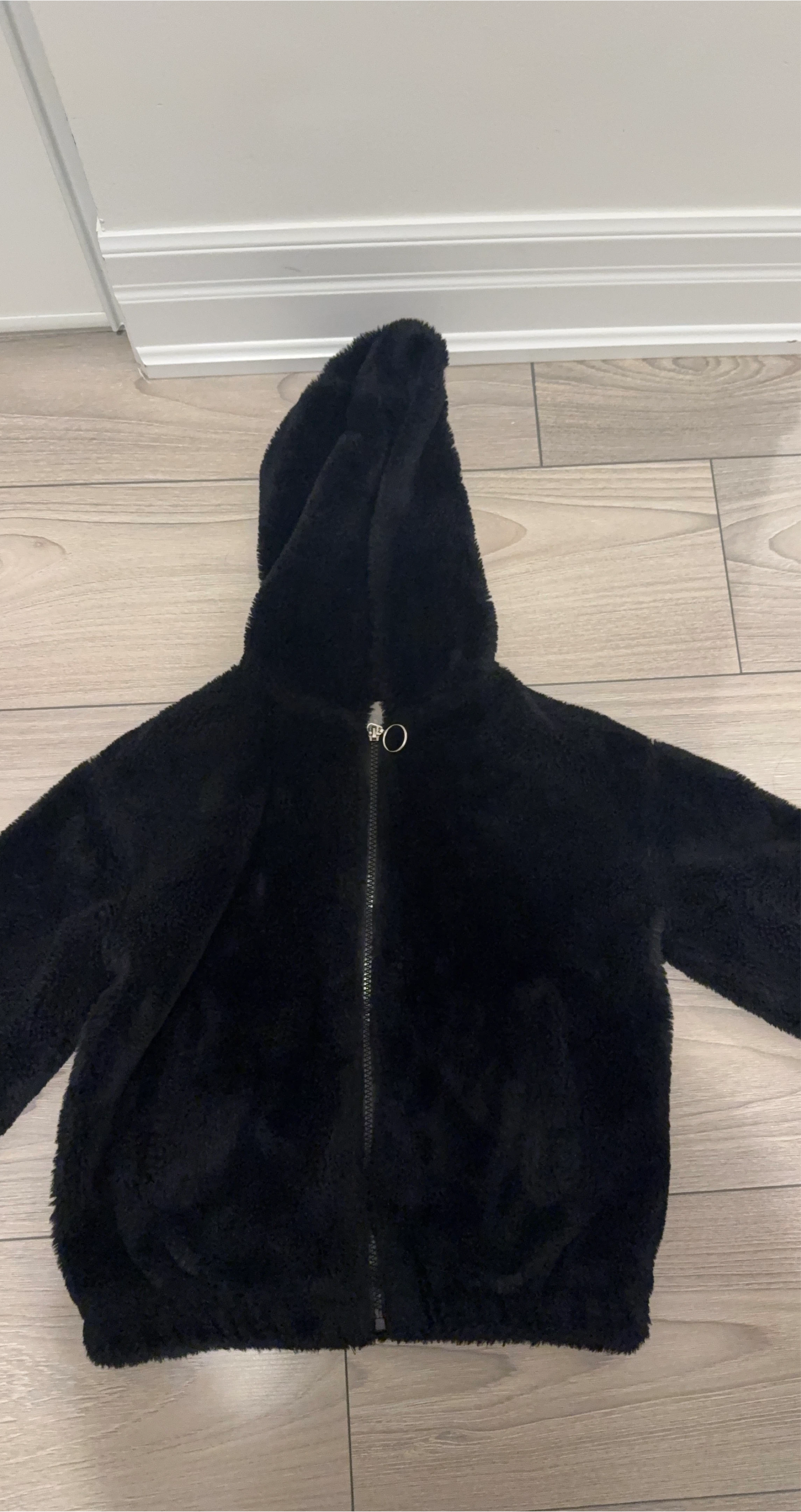 Black Fuzzy Hooded Zip-Up Jacket