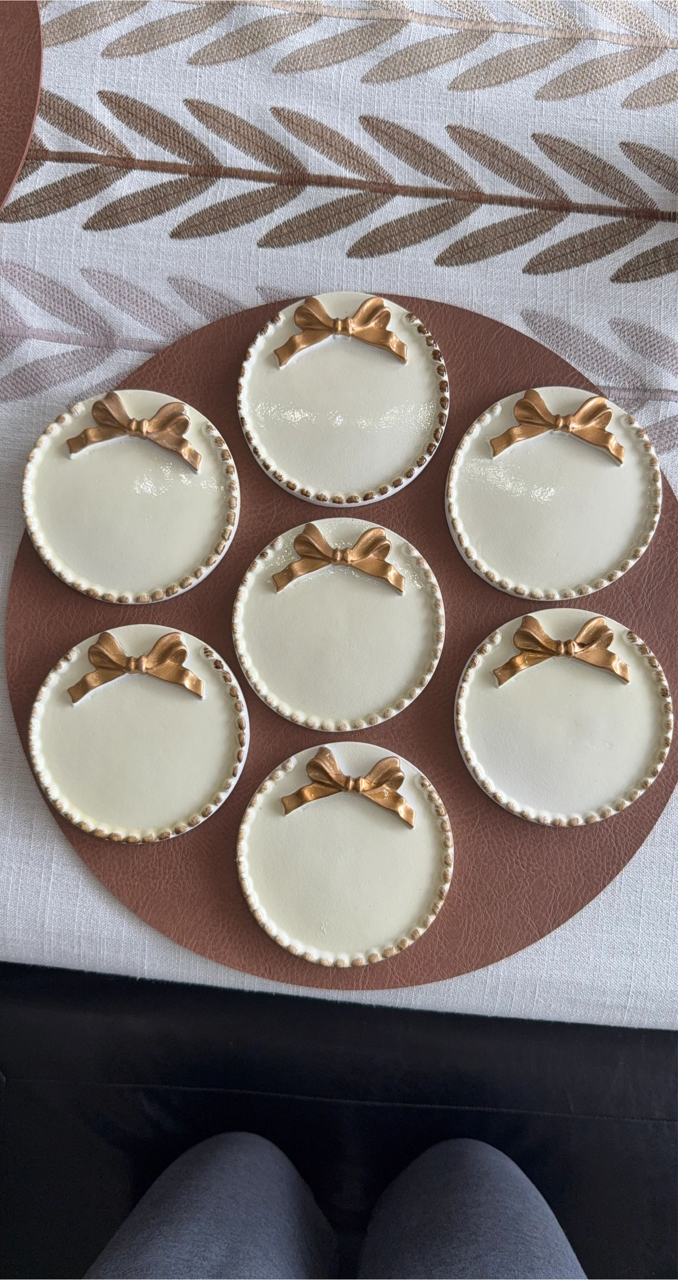 Set of 7 White & Gold Bow Coasters