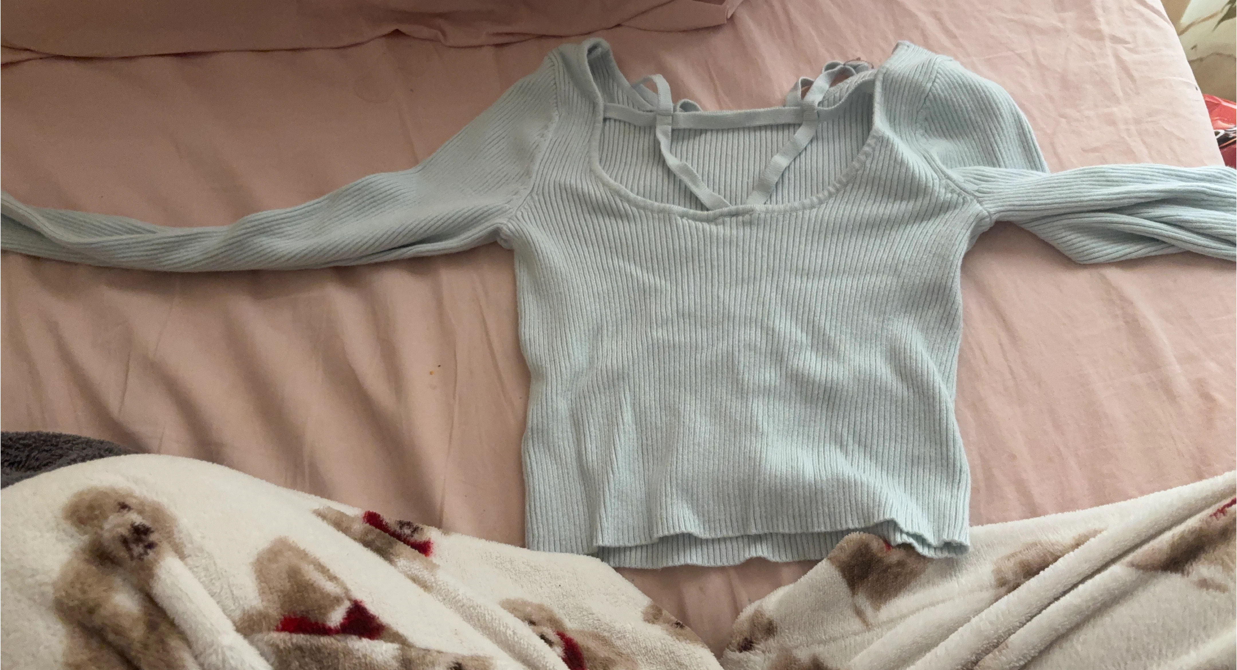 Light Blue Ribbed Long Sleeve Top with Criss-Cross Neckline