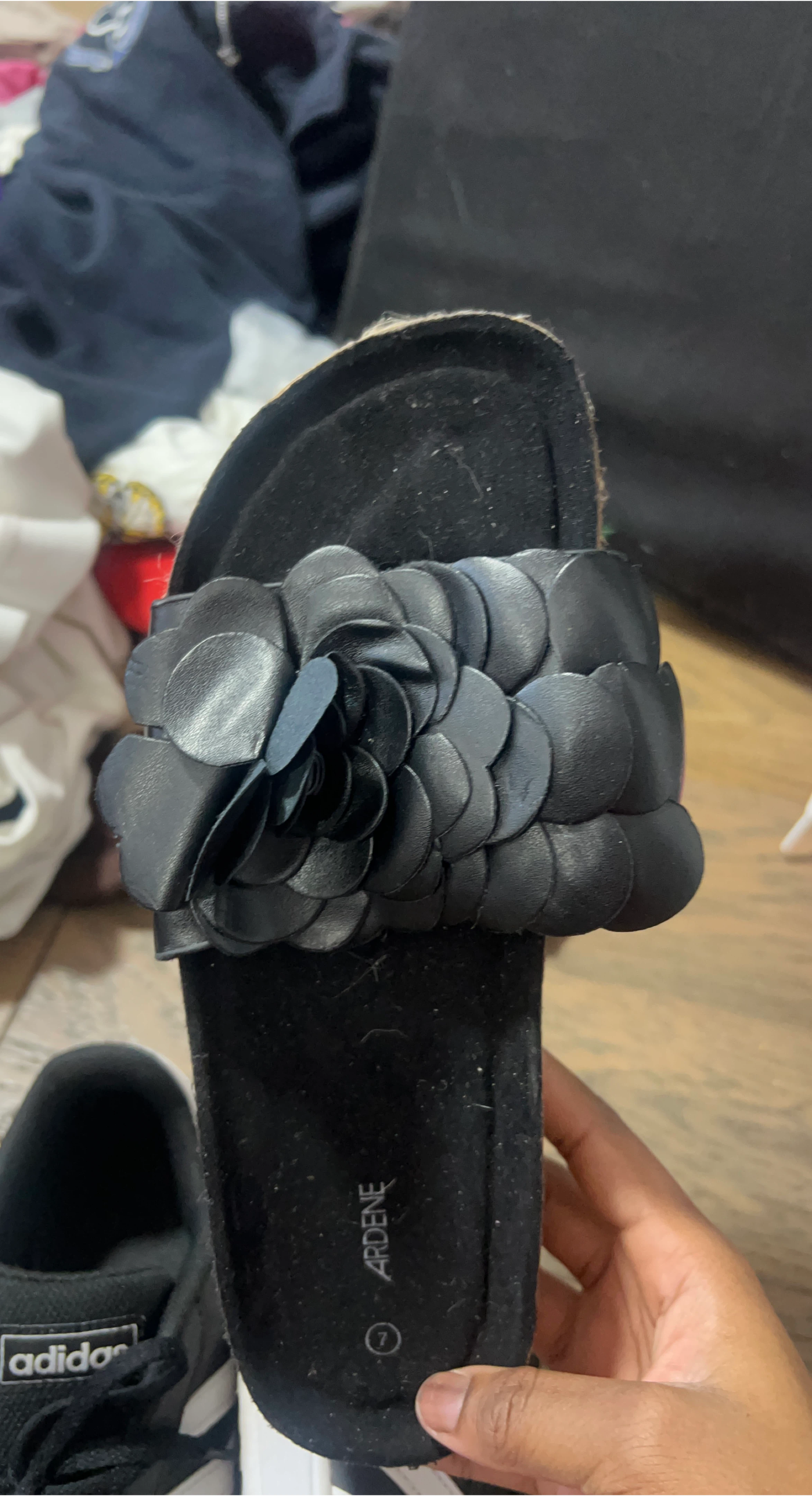 Ardene Black Slide Sandals with Flower Detail - Size 7