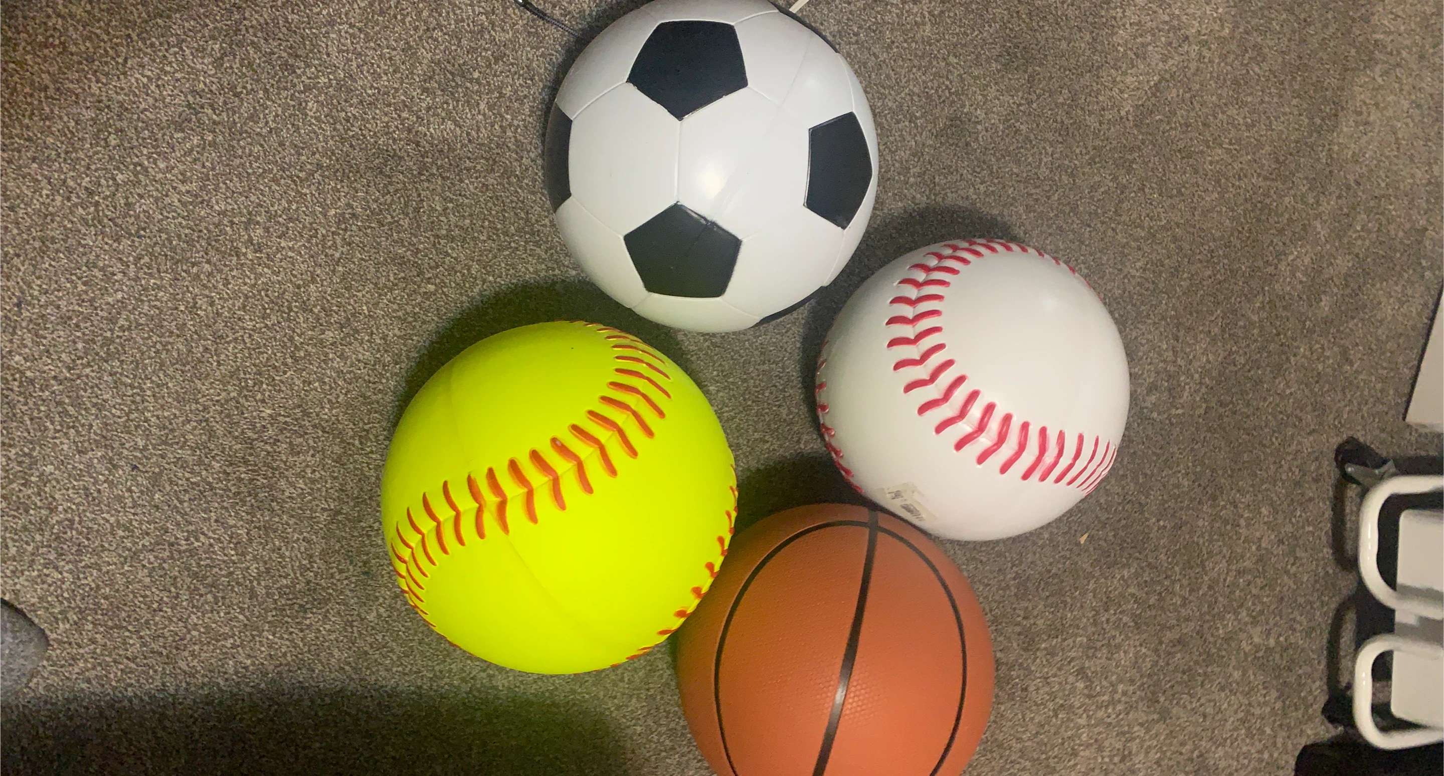 Soccer ball, baseball, softball, and basketball bundle