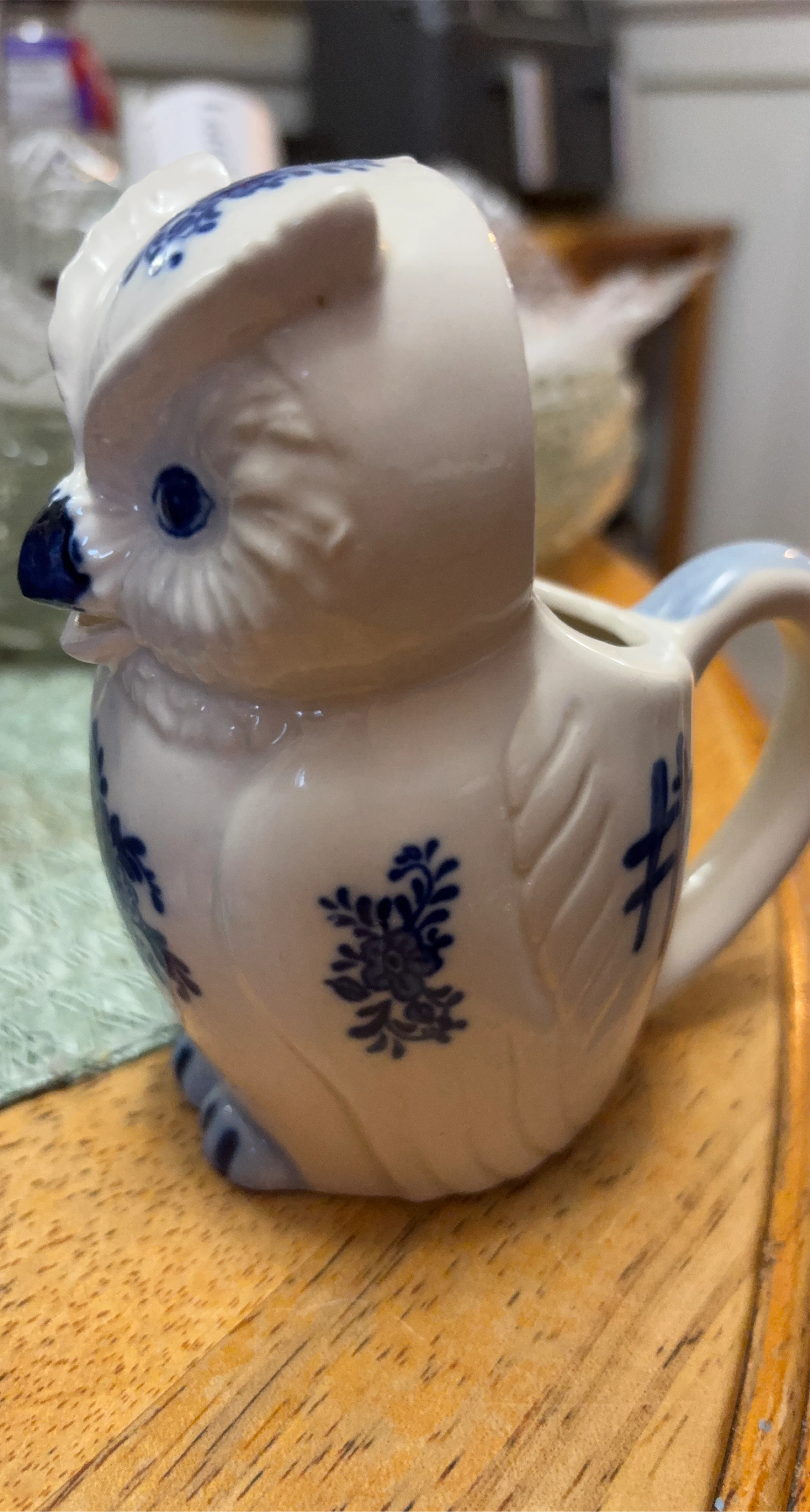 Ceramic Owl Creamer or Pitcher with Blue Floral Design
