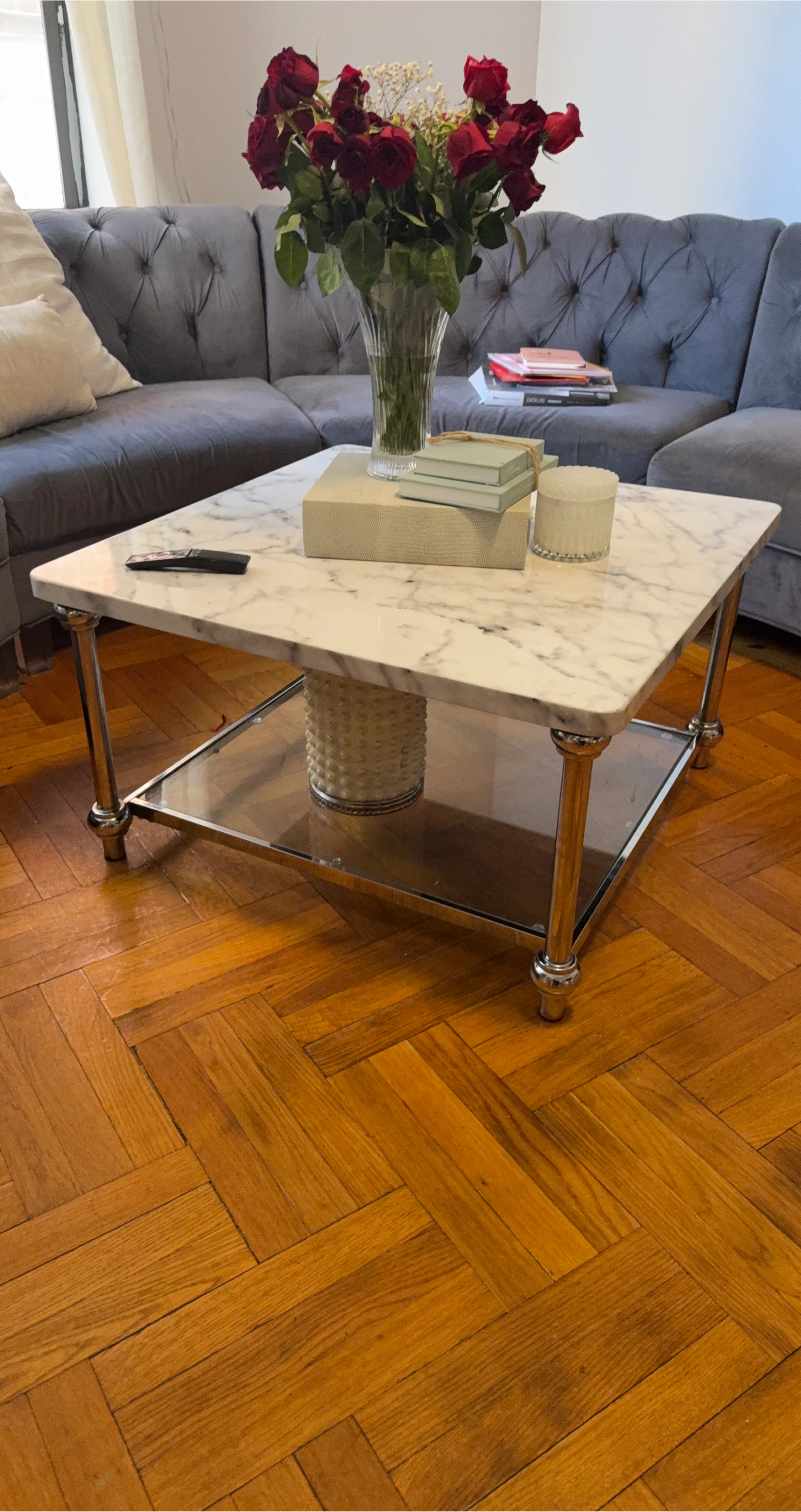 Marble Top Coffee Table with Mirrored Shelf